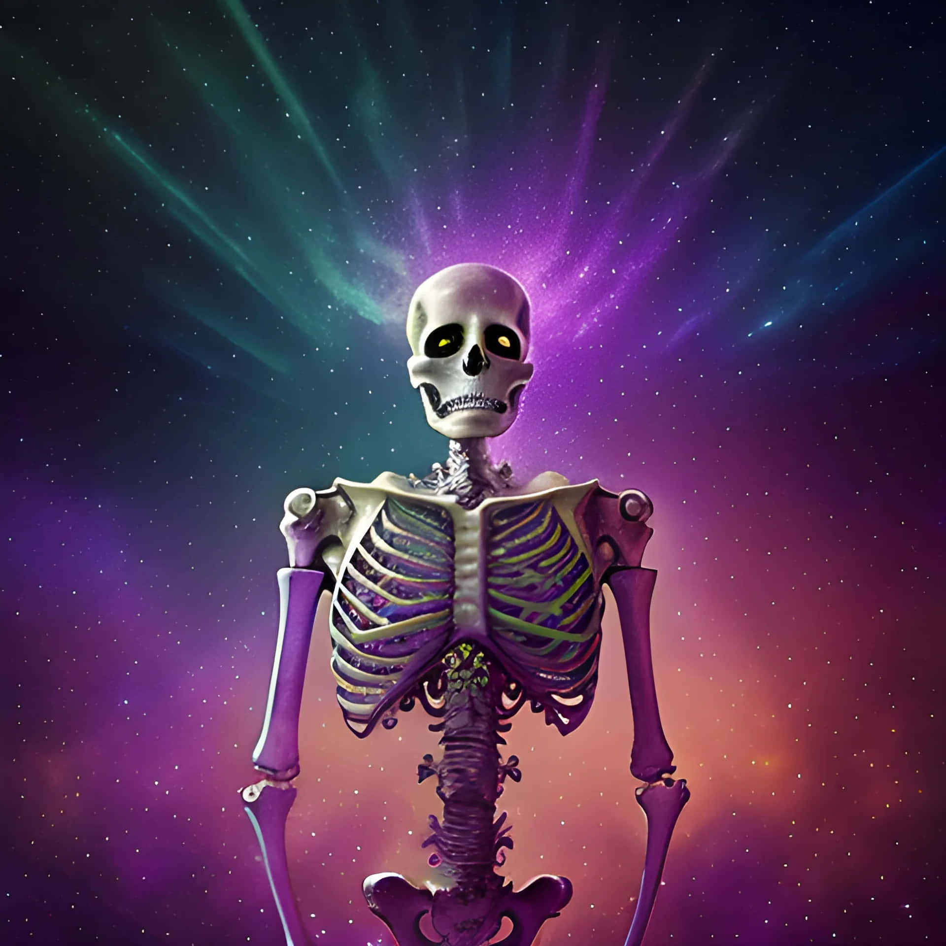  壁紙 — 一個發光的骷髏站在宇宙星雲前，背後射出耀眼的紫色和藍綠色光束。