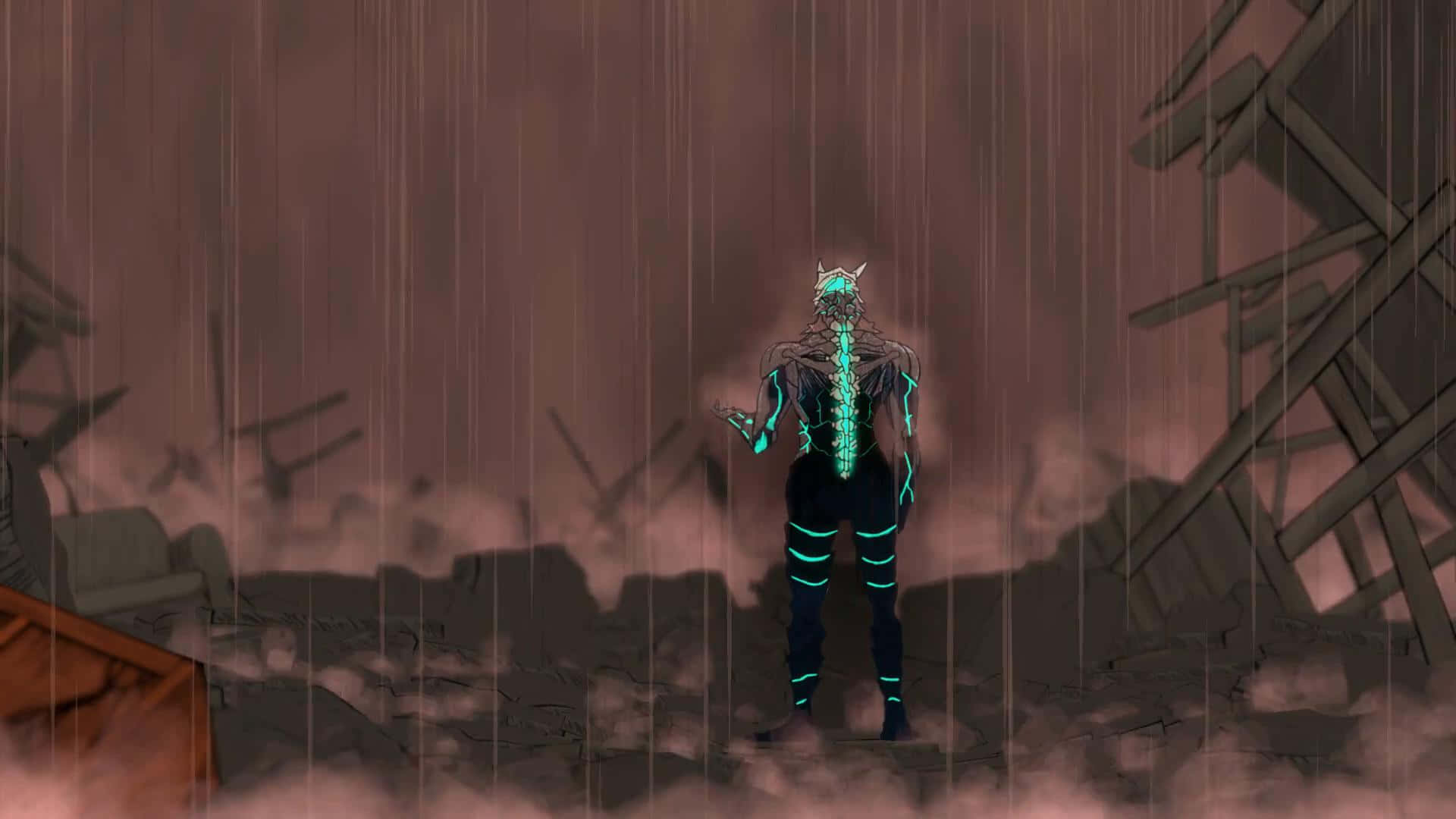  壁紙 — 一個發光的機械人形獨自站在雨中的廢墟城市景觀中，天空昏暗。