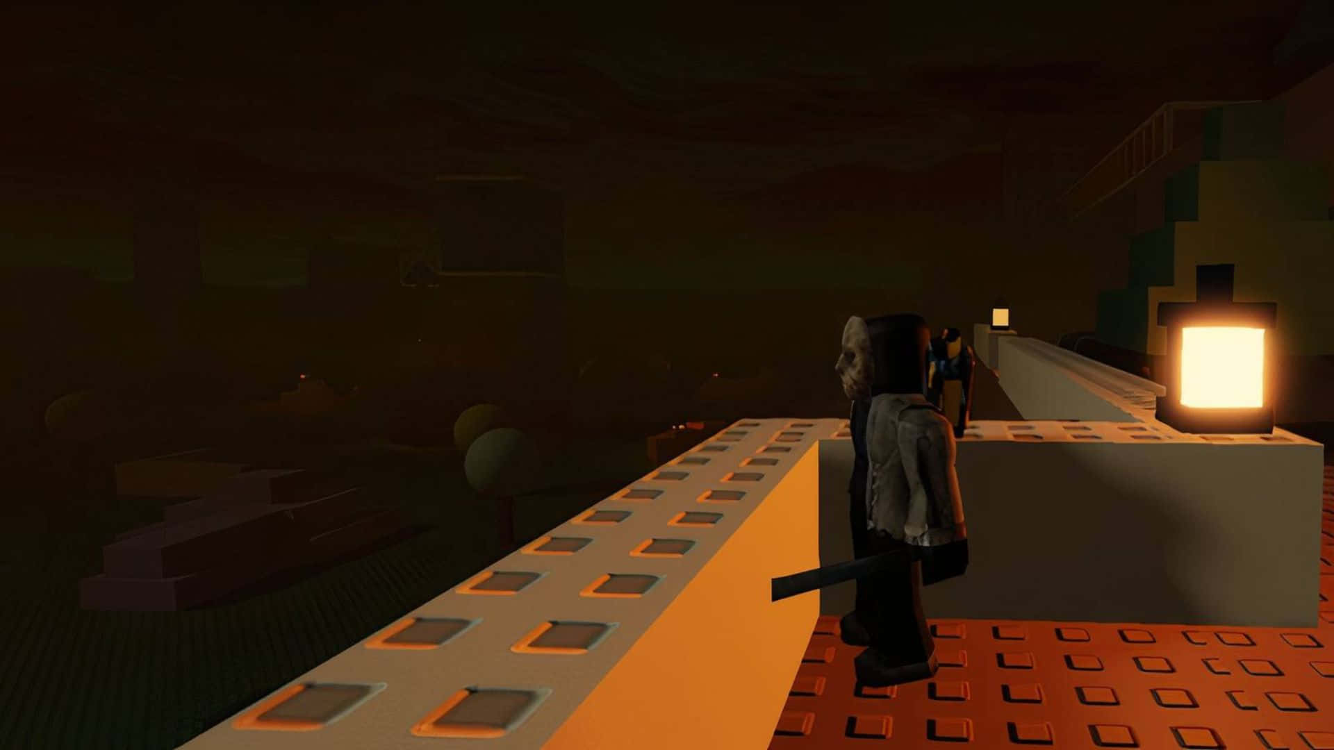 在黑暗遊戲環境中，一個像素角色站在發光平台上。 — Roblox 壁紙