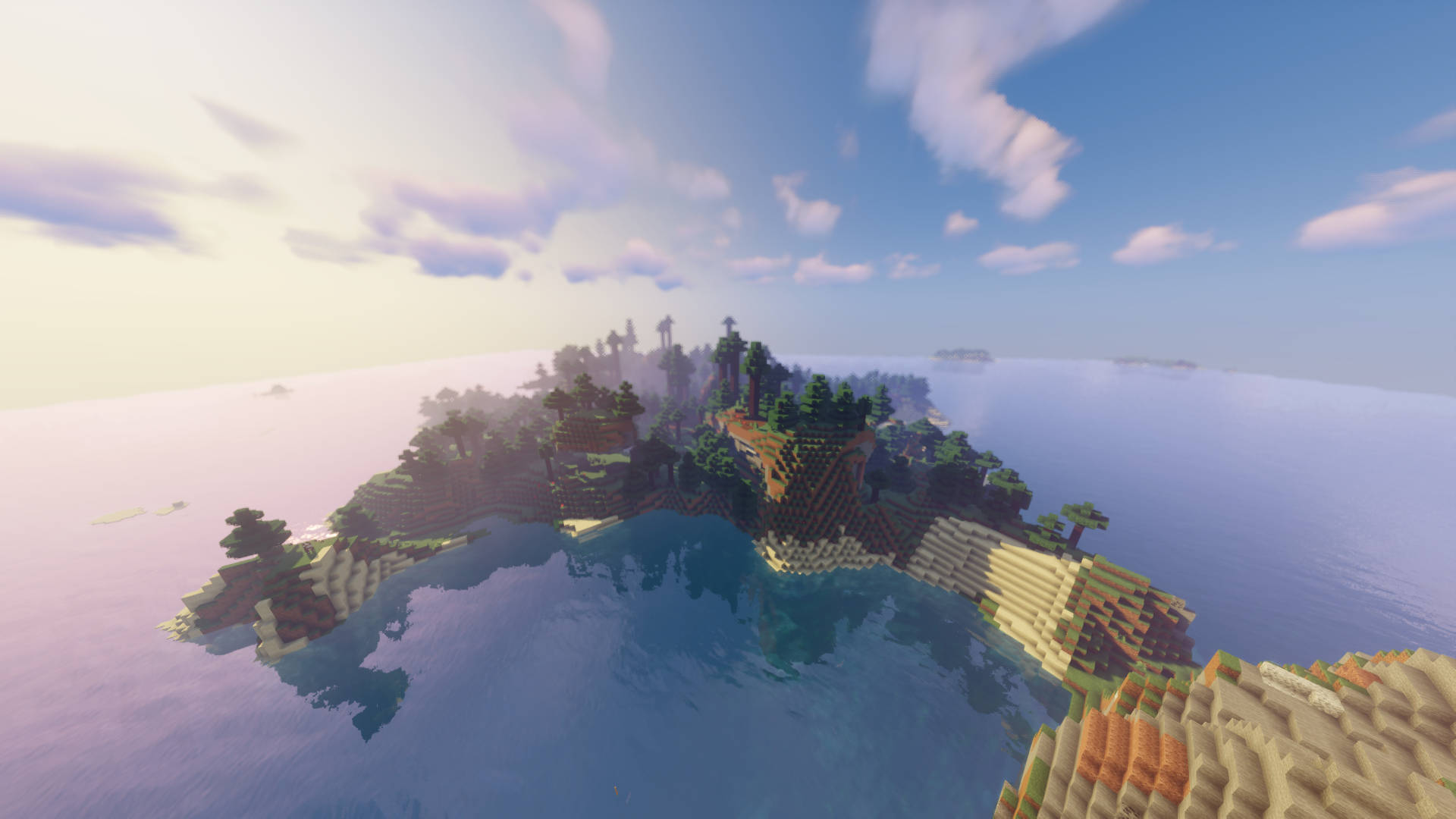 一個Minecraft島嶼，有樹木和懸崖，被海洋環繞，在粉彩天空下。 — 可愛的 Minecraft 壁紙