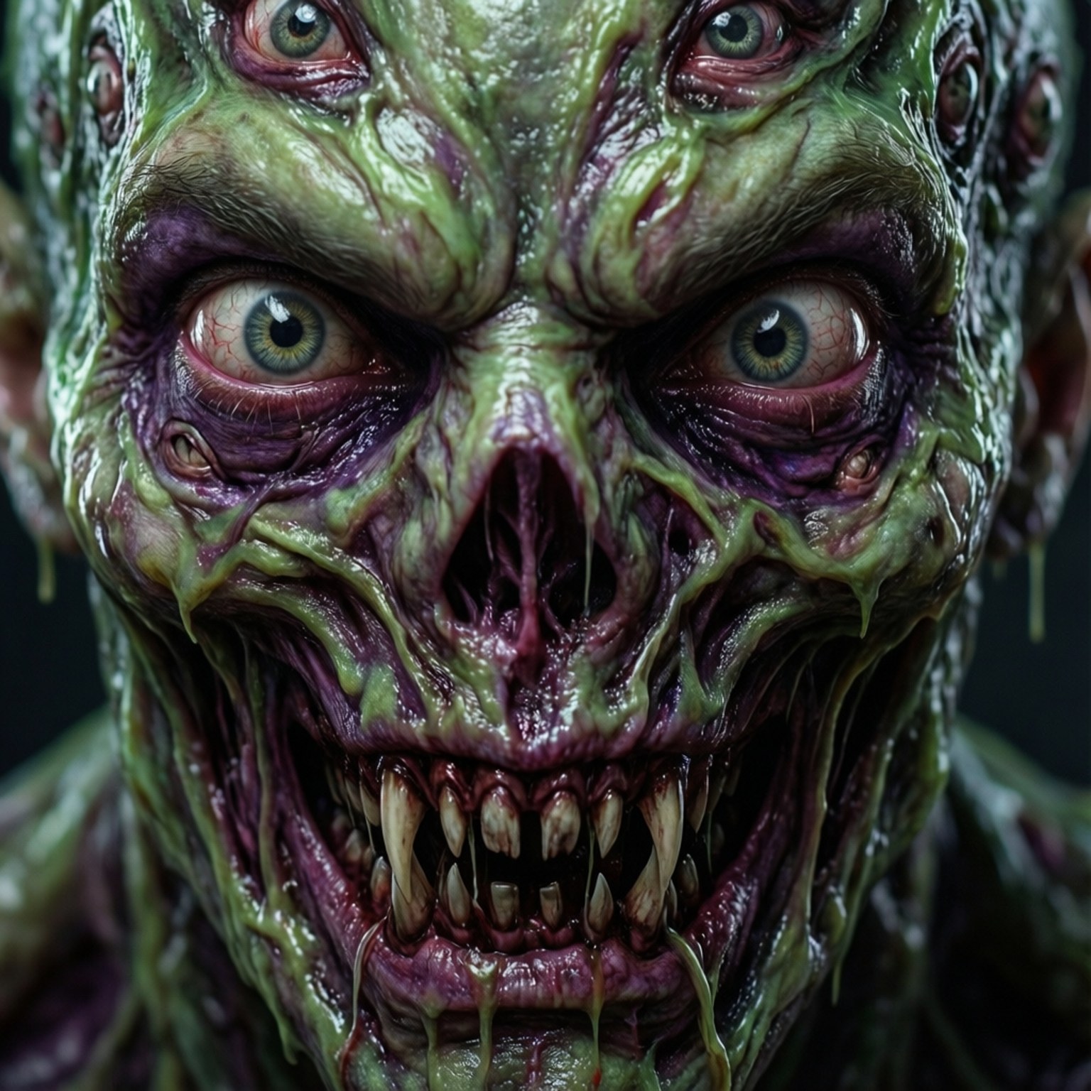 Necromorph Visage 壁紙 — 一個腐爛綠色殭屍的怪異特寫，眼睛凸出，滴落的黏液露出鋒利的牙齒。