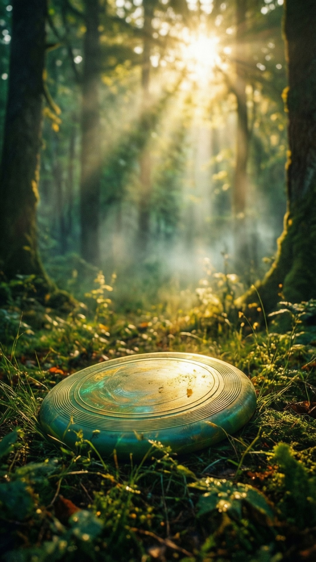 Pixel 3 Frisbee 桌布 壁紙 — 一個風化的飛盤擱在長滿苔蘚的森林地面上，金色的陽光穿過高聳的樹木照射下來。