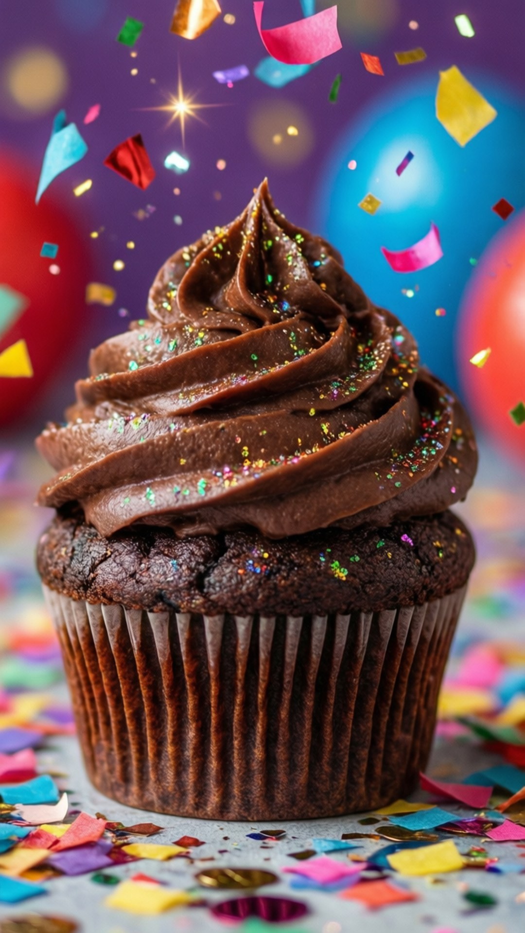 Celebration Chocolate Muffin 壁紙 — 一個豐富的巧克力紙杯蛋糕，上面有漩渦狀的糖霜和彩色糖粒，周圍有飄落的五彩紙屑。