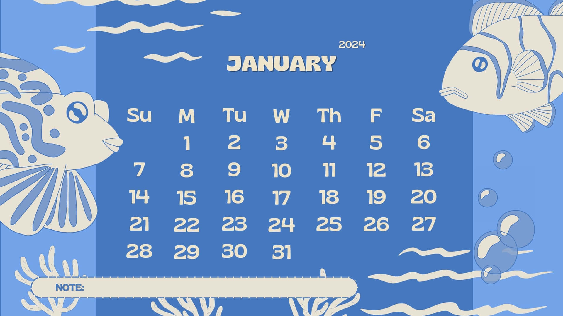  壁紙 — 一個風格化的2024年1月月曆，在藍色水下背景上有白色魚和珊瑚。