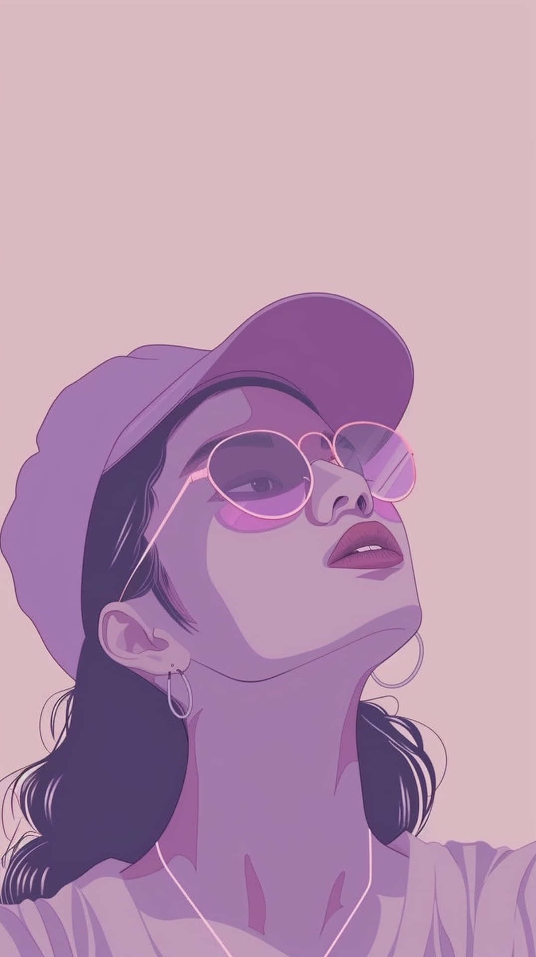  壁紙 — 一個風格化的插圖，描繪一位年輕女性戴著紫色帽子和粉紅色眼鏡，在柔和的粉紅色背景上向上凝視。