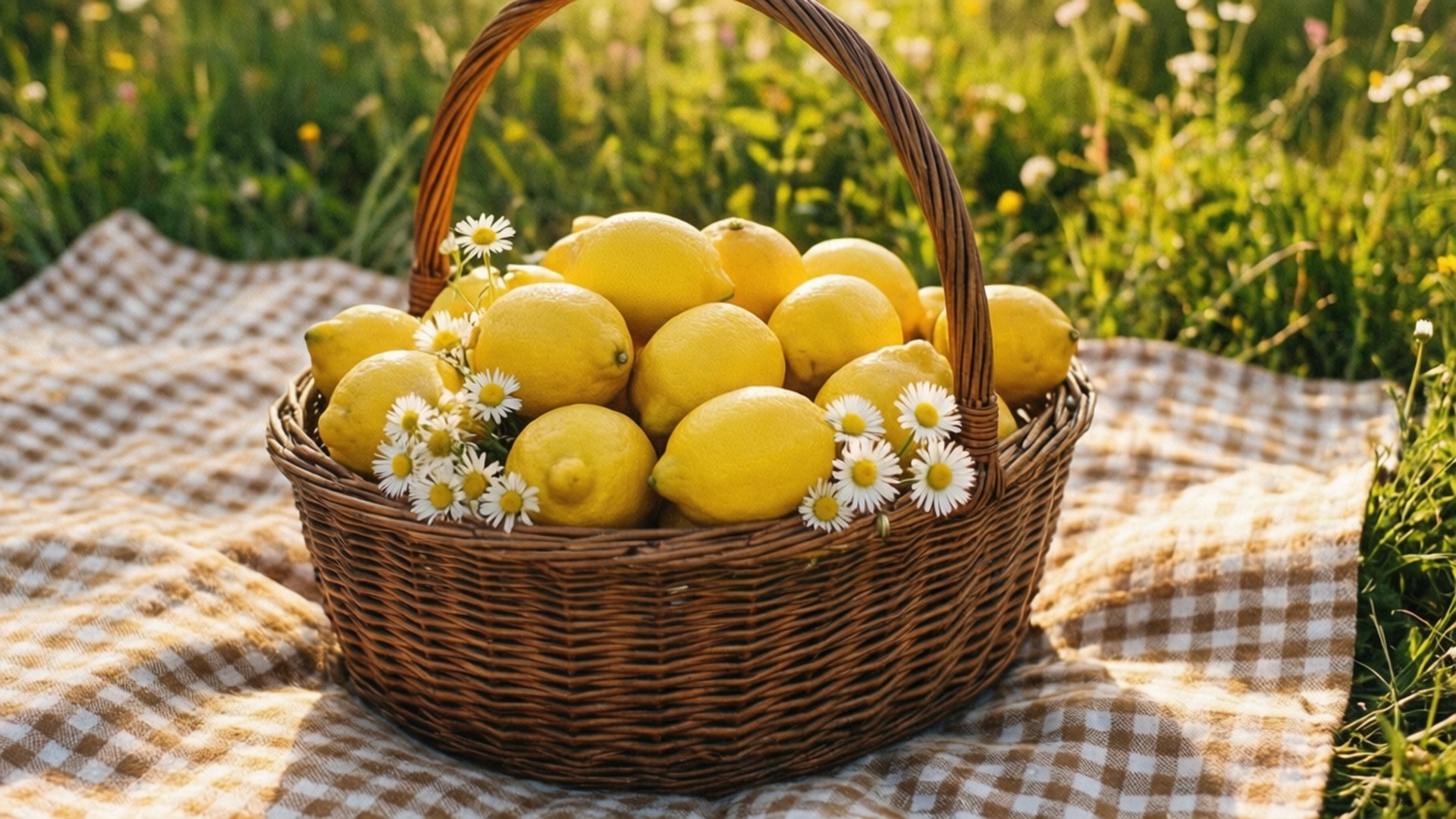 Lemon Picnic Basket 壁紙 — 一個編織籃子裝滿了鮮黃色的檸檬和白色的雛菊，放在陽光普照的草地上的一張格子毯上。