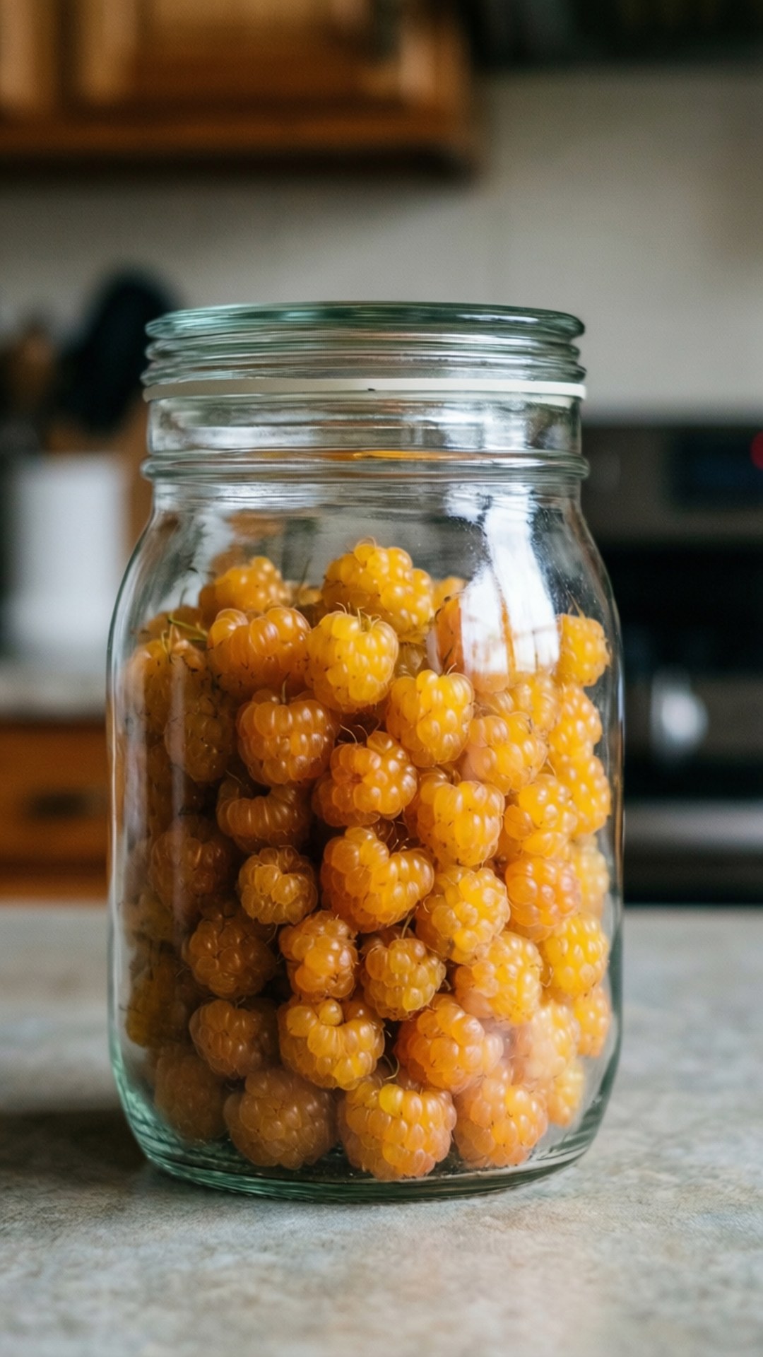 Cloudberry Jar Kitchen 壁紙 — 一個玻璃罐裝滿了金色覆盆子，放在沐浴在柔和自然光線下的廚房檯面上。