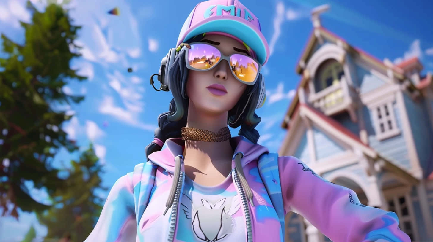  壁紙 — 一個穿著粉紅色和藍色裝備的Fortnite角色在維多利亞式房屋和樹木的背景下，在明亮的藍天下自信地擺姿勢。