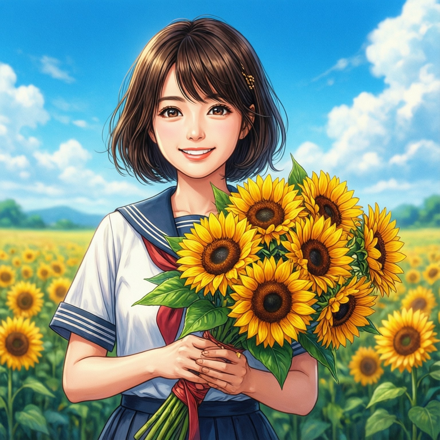 向日葵與笑容 壁紙 — 一個穿著水手服、開心的動畫女孩，在藍天白雲下拿著一束鮮豔的向日葵。
