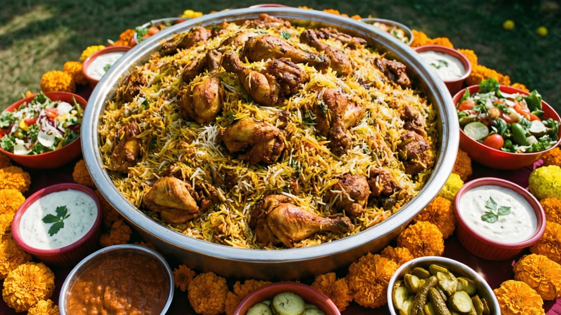 Chicken Biryani 桌布 壁紙 — 一個大金屬碗裝滿金黃色雞肉印度香飯，周圍有色彩繽紛的配菜和萬壽菊，放在草地上。