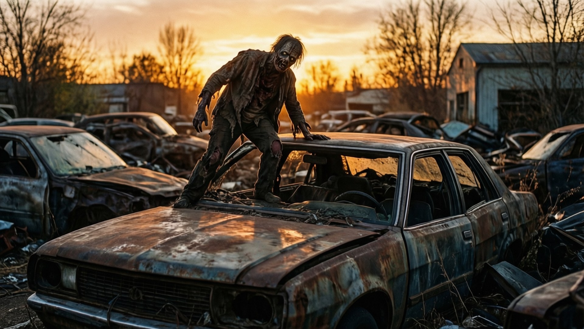 Junkyard Scavenger 壁紙 — 一個腐爛的喪屍站在日落時分廢車場中一輛生鏽的汽車上，背景有光禿的樹木和廢棄建築物。