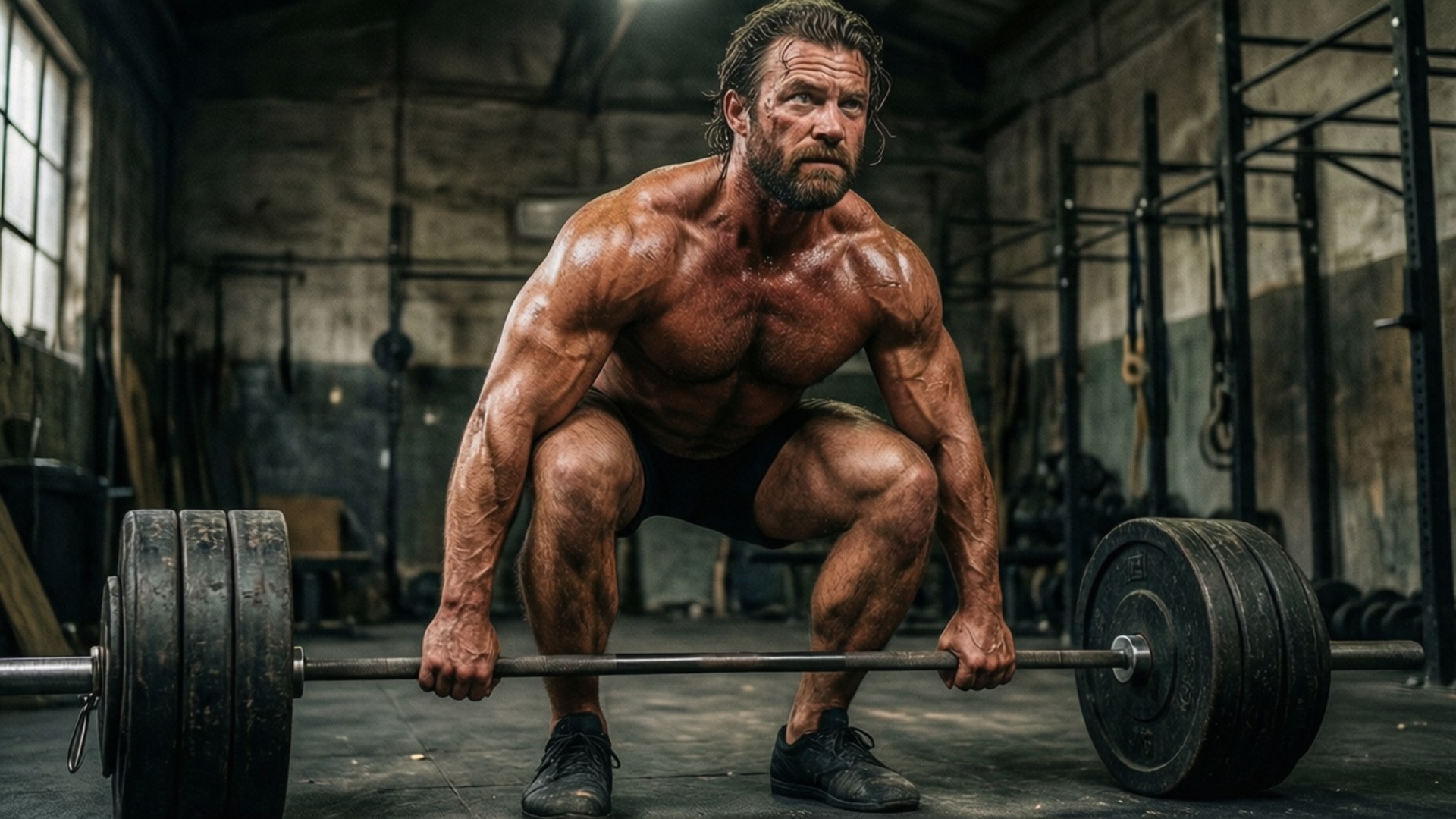 bodybuilding 桌布 壁紙 — 一個肌肉發達的男人，汗水在皮膚上閃閃發光，準備在粗糙的工業健身房舉起沉重的槓鈴。