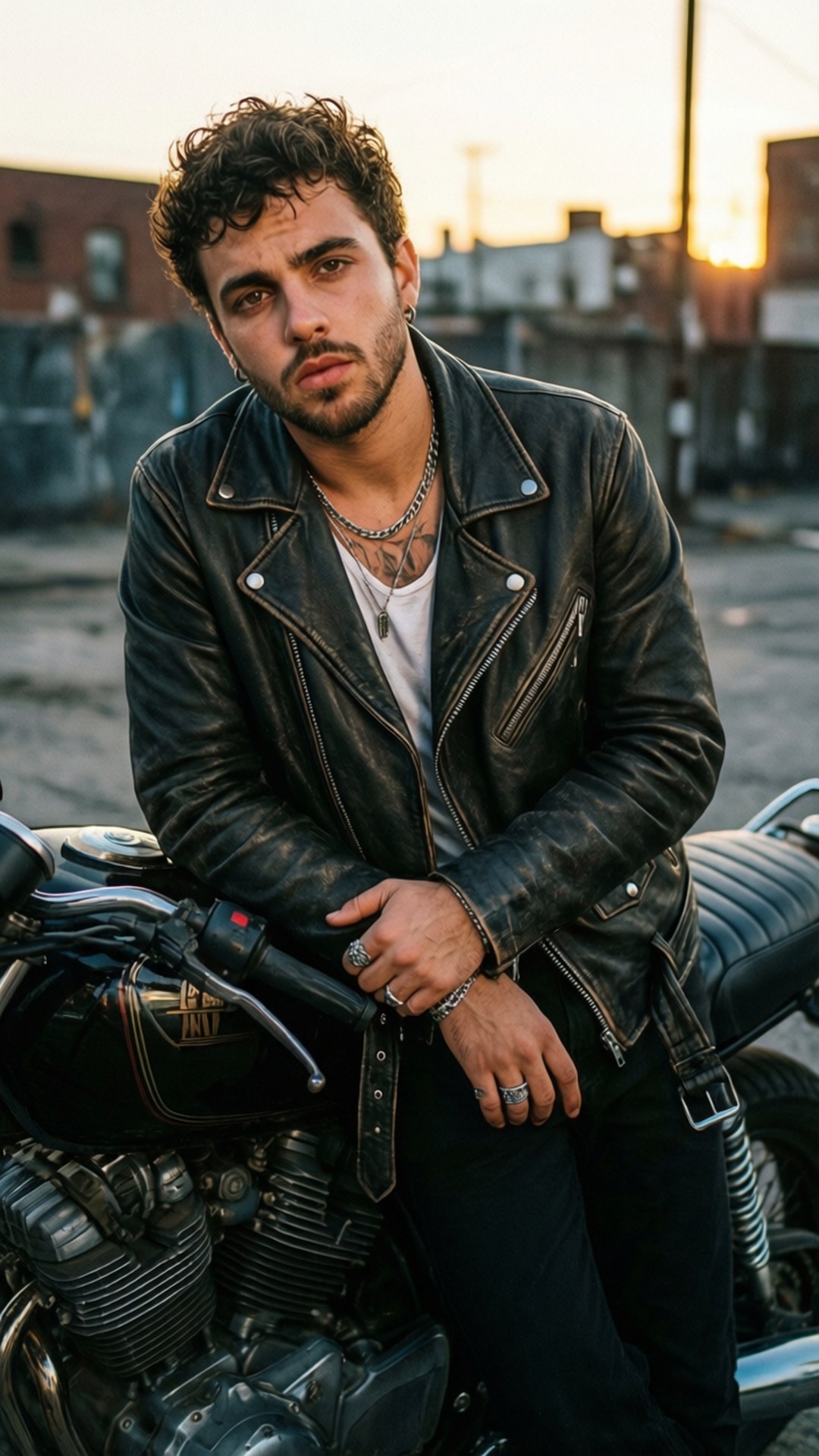 Motorcycle Bad Boy 壁紙 — 一個捲髮鬍鬚的男人在日落時分靠著城市小巷裡的機車。