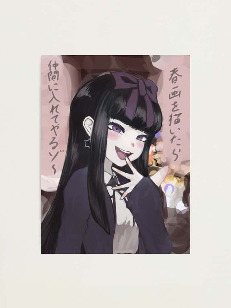  壁紙 — 一個開朗的動漫女孩，長長的黑髮和紫色蝴蝶結，微笑著做出和平手勢。