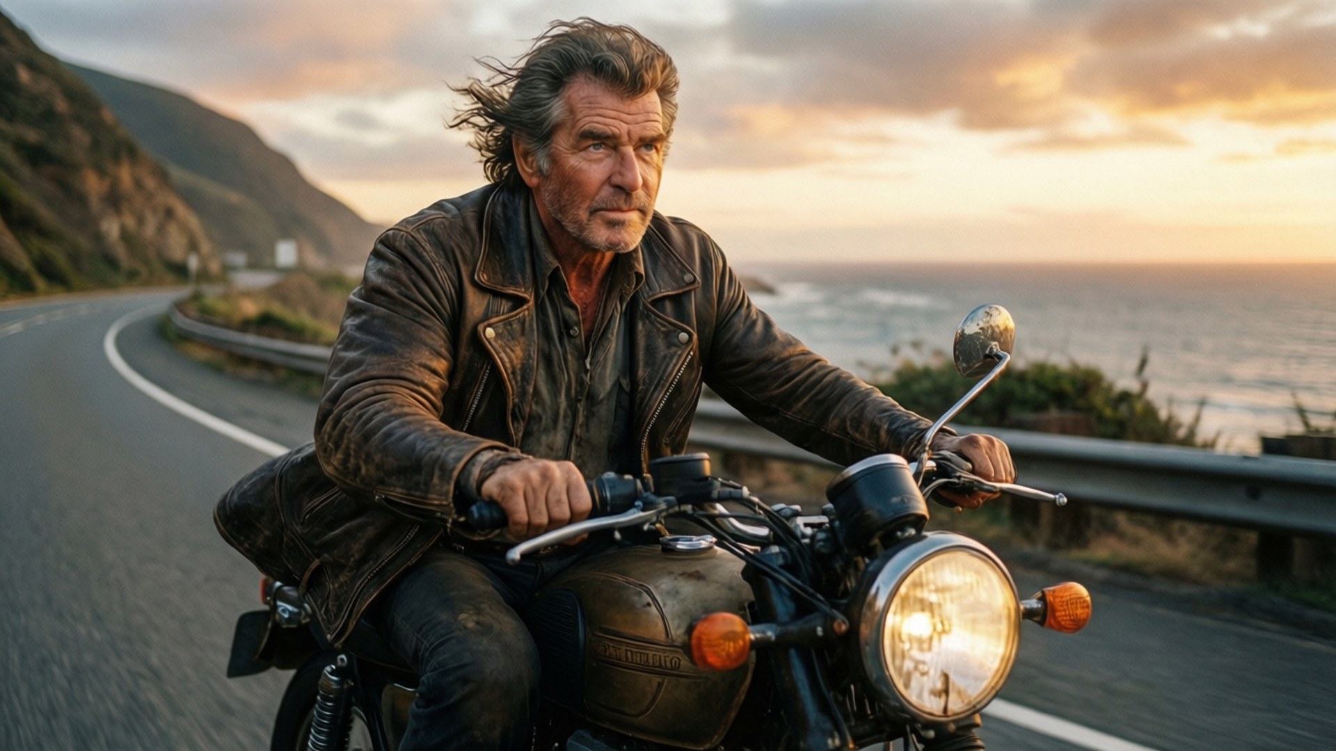 pierce brosnan 桌布 壁紙 — 一個強壯的男人在日落時分沿著海岸公路騎著一輛復古機車，下面海浪拍打。