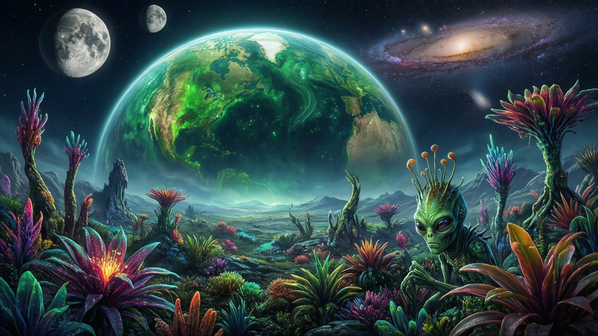 Alien World 壁紙 — 一個綠色皮膚的外星人從充滿活力的外星植物中探出頭來，下方是一個巨大的發光行星，有兩個衛星和一個螺旋星系在宇宙天空中。