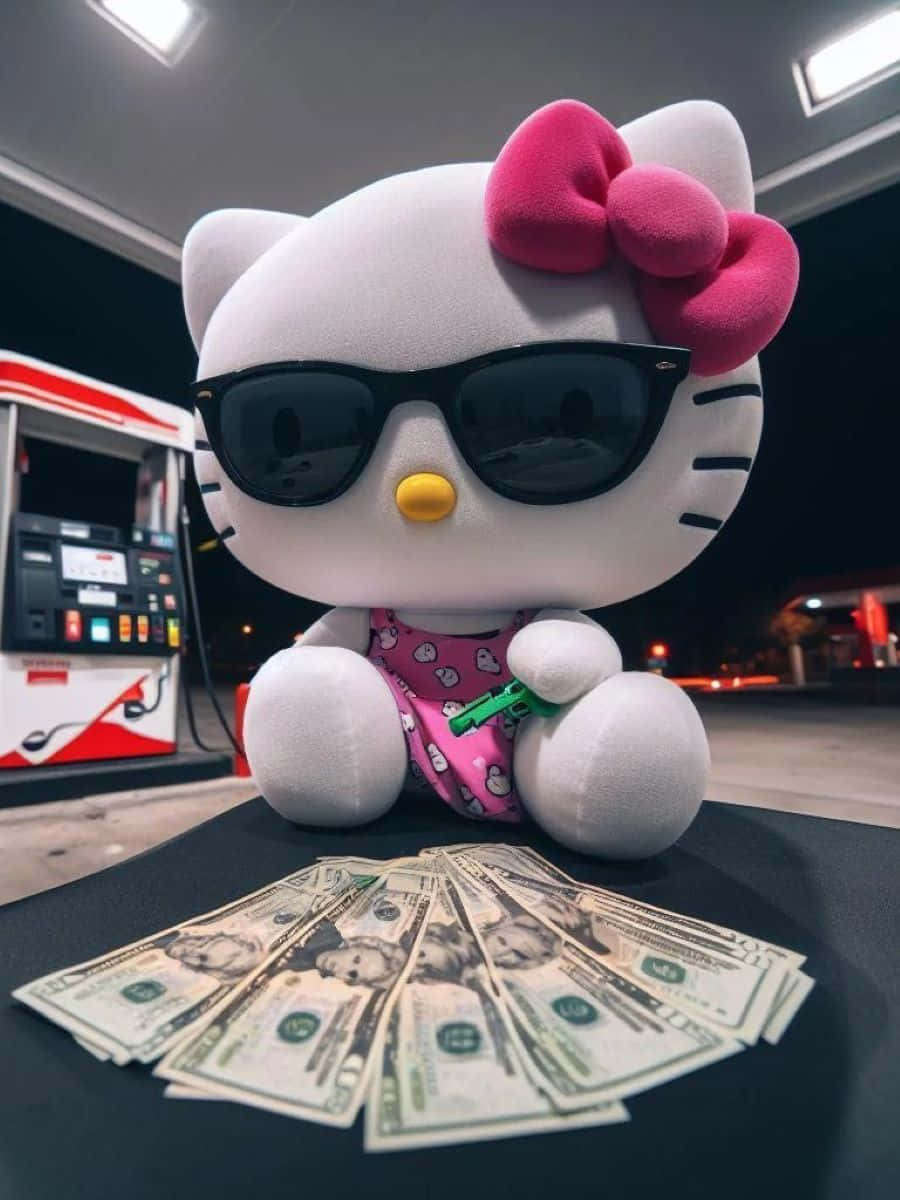  壁紙 — 一個毛絨Hello Kitty戴著太陽眼鏡坐在加油站，黑色表面上散開著美元鈔票。