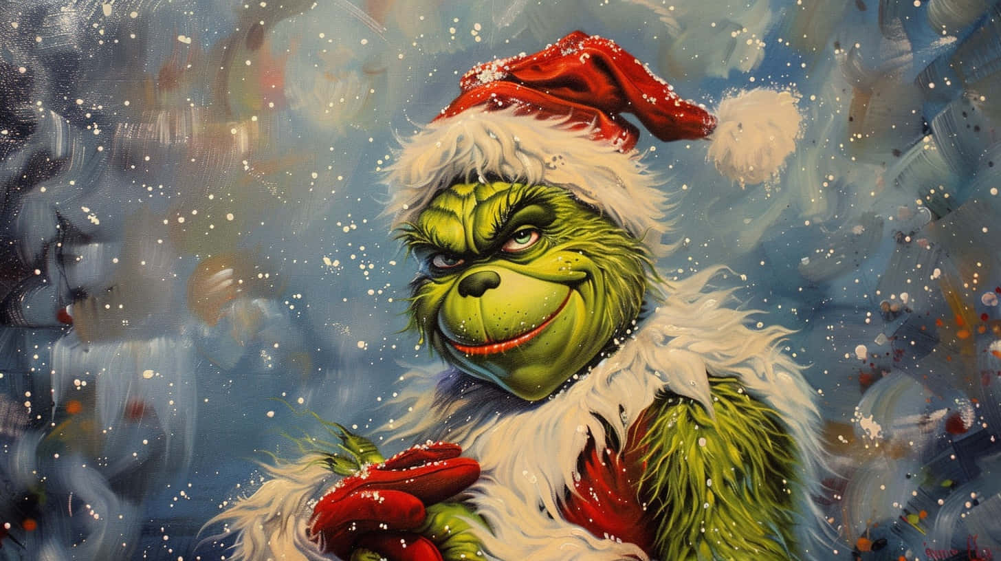  壁紙 — 一個脾氣暴躁的綠色鬼靈精戴著聖誕帽，在雪白的藍色背景前頑皮地微笑。