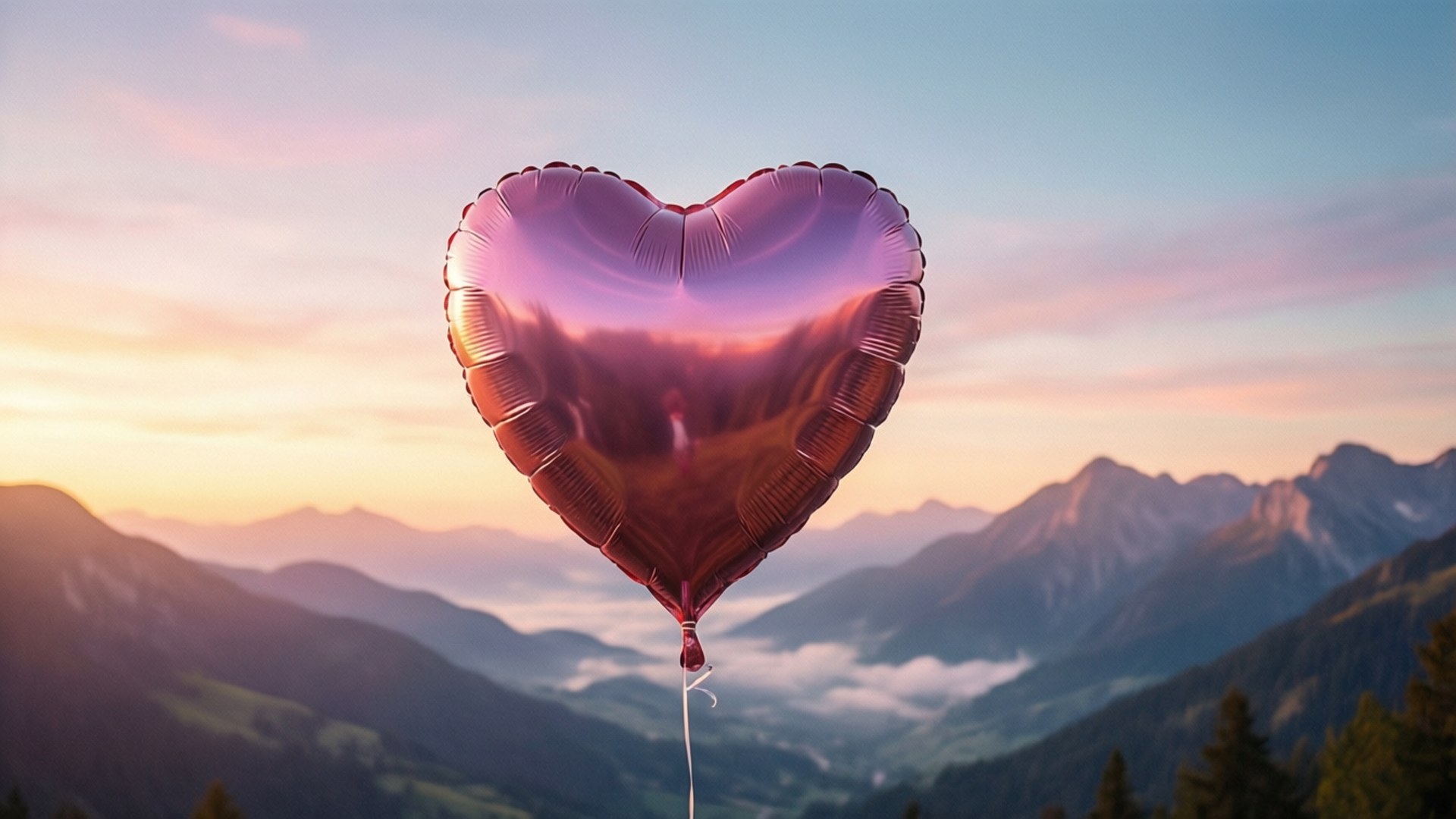 Heart Balloon Sunrise 壁紙 — 一個閃亮的粉紅色心形氣球漂浮在日出時分霧氣瀰漫的山巒之上，映照著天空。