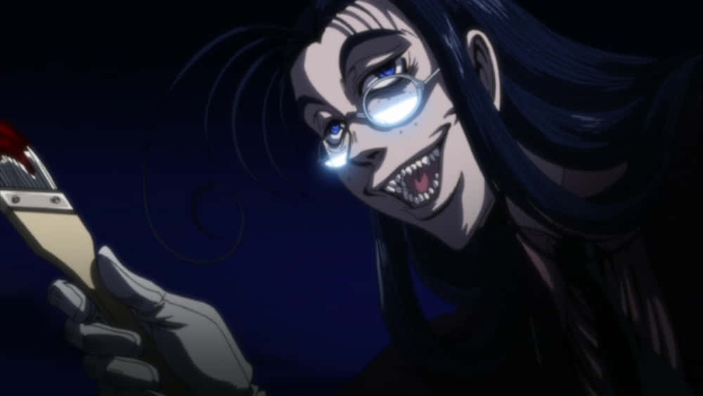 Hellsing Rip Van Winkle 桌布 壁紙 — 一個邪惡的動漫角色，眼睛發光，咧嘴大笑，在深藍色背景上拿著畫筆。
