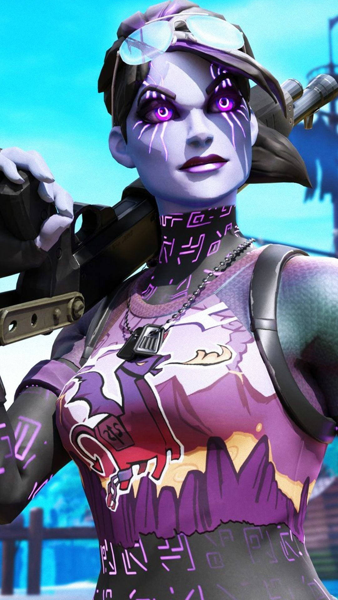 擁有發光眼睛和紋身的賽博龐克女性玩家，手持步槍。 — Fortnite 壁紙