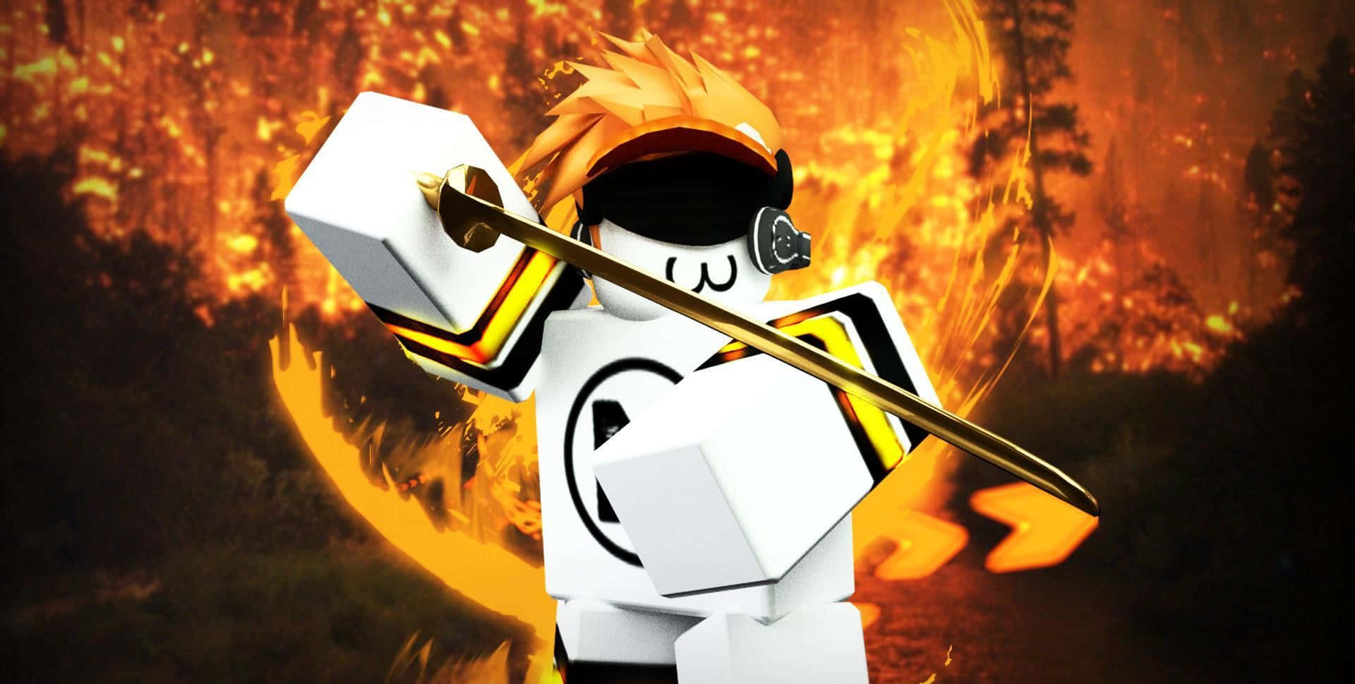  壁紙 — 一個擁有尖刺橙色頭髮的Roblox角色，在火焰森林背景下揮舞著發光的劍。