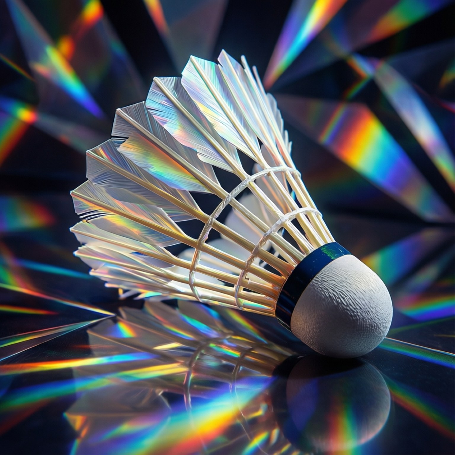 Prism Shuttlecock Art 壁紙 — 一個羽毛球在反光表面上，背後有鮮豔的彩虹光束放射出來。