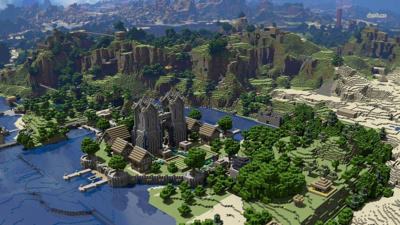 Minecraft 城堡村莊 河邊 綠色山丘 懸崖 — 我的世界 壁紙