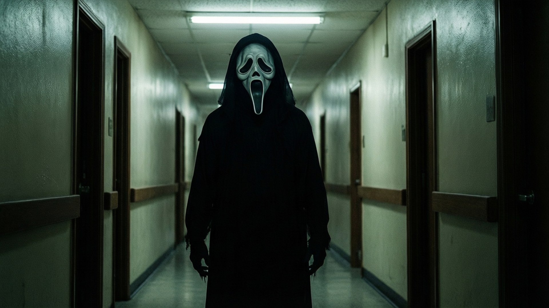 Hallway Horror 壁紙 — 一個戴著白色鬼臉面具、身穿黑色長袍的人物，威嚇地站在燈光昏暗的醫院走廊。