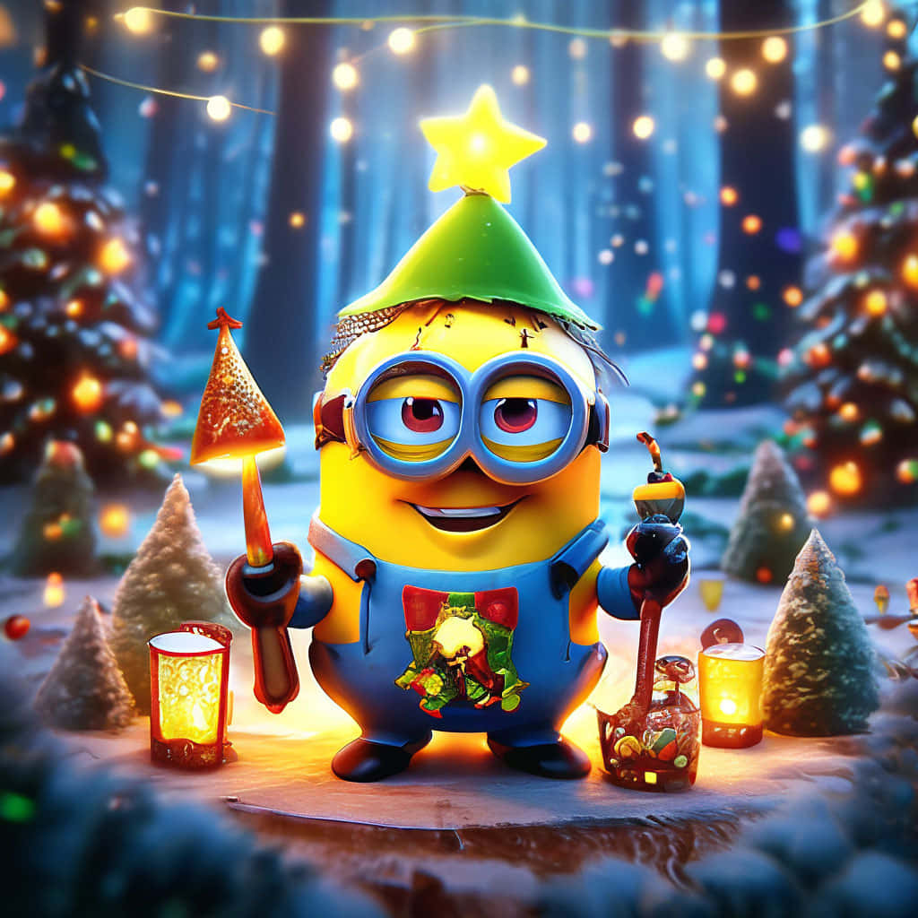  壁紙 — 一個戴著綠色聖誕帽的開心小小兵在雪地森林中手持仙女棒，周圍有閃爍的燈串和燈籠照亮。