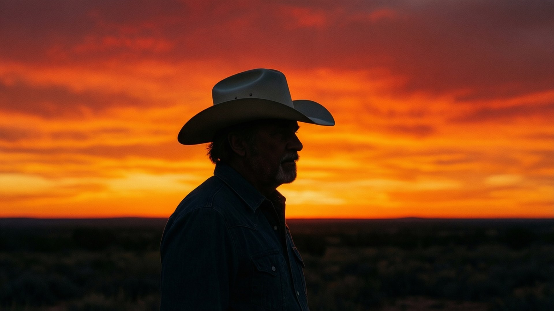 Texas Sunset Silhouette 壁紙 — 一個戴著寬邊帽的牛仔剪影，站在廣闊平原上，背景是火紅的橙色和紅色日落。