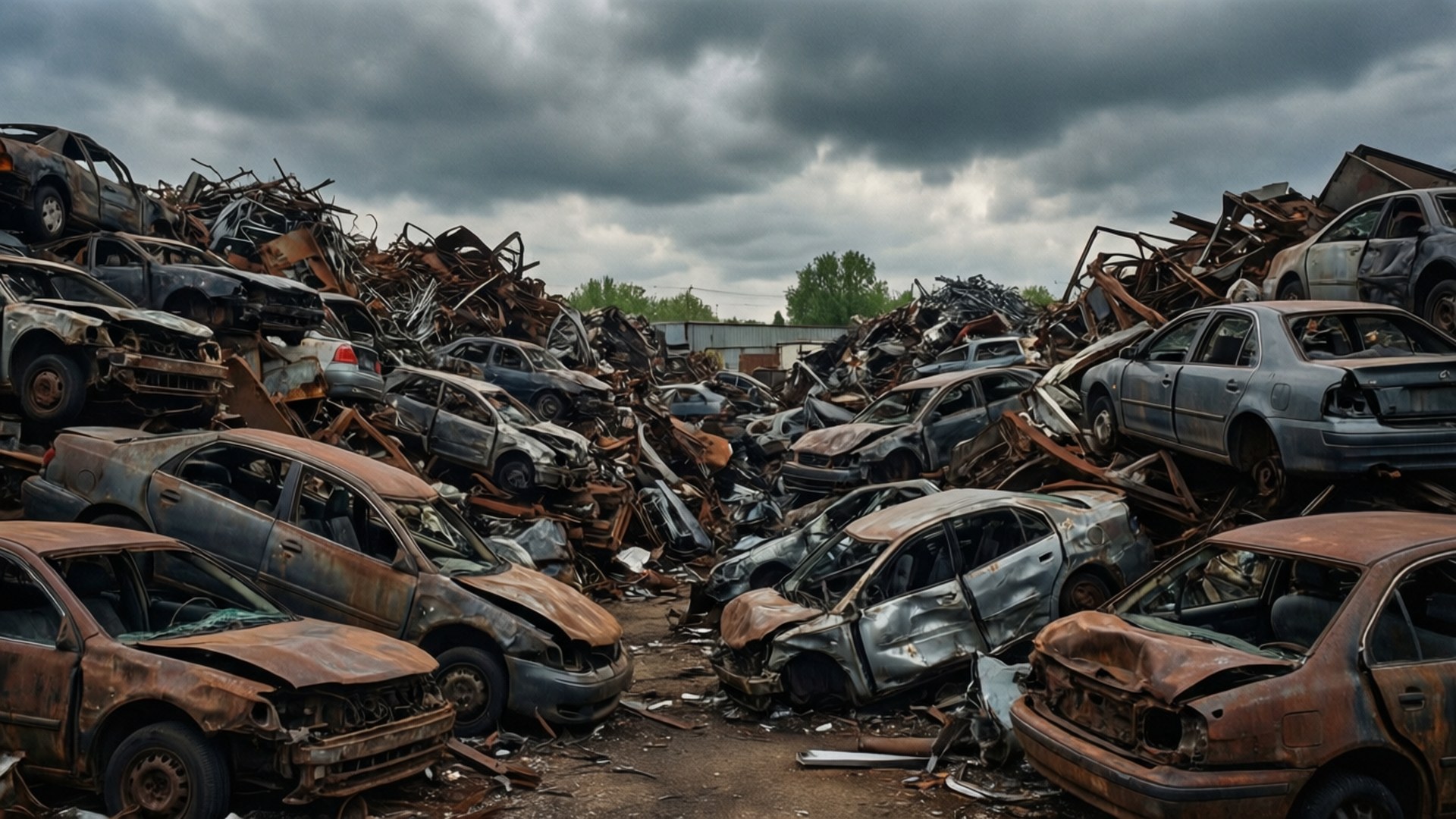 Junk 桌布 壁紙 — 一個廣闊的廢車場，在陰沉密佈的天空下堆滿生鏽和壓扁的汽車。