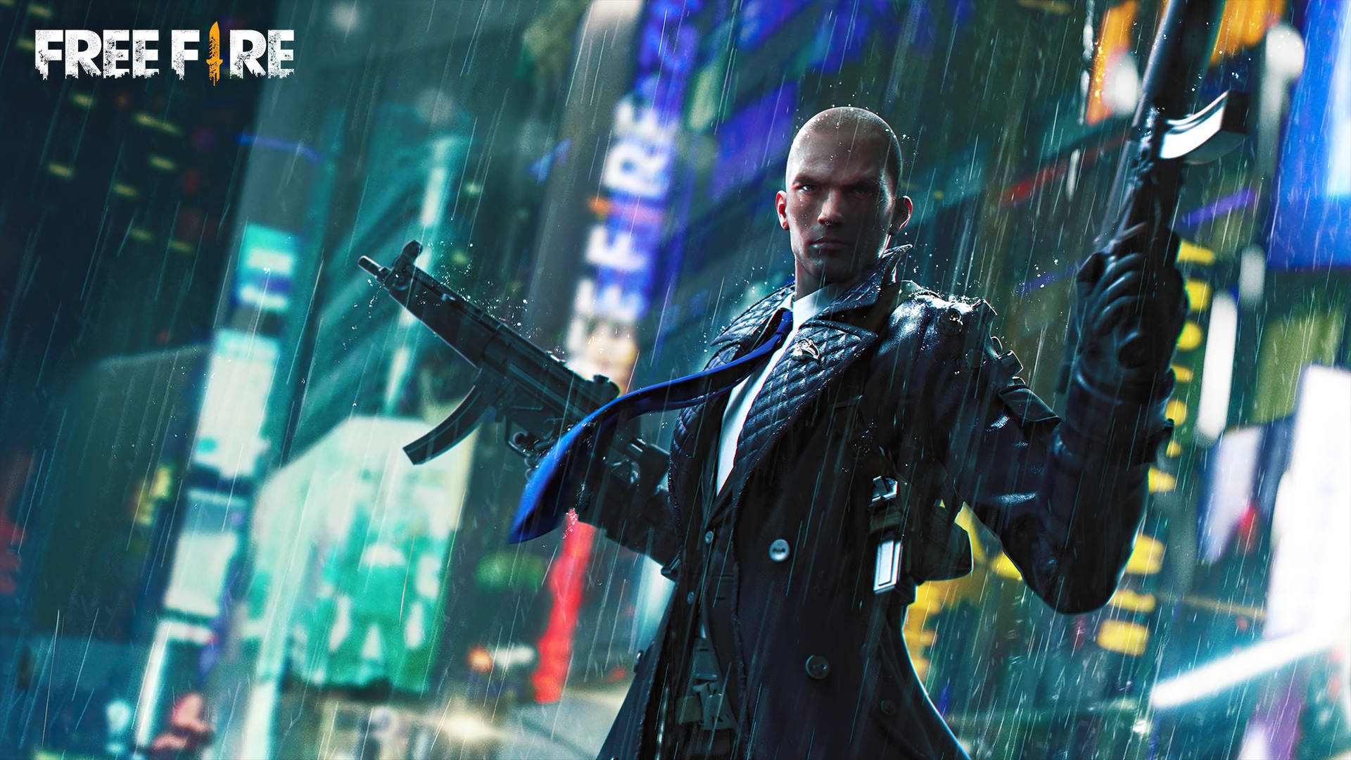 穿著風衣的遊戲角色在霓虹雨中的賽博龐克城市手持槍支。 — Free Fire 壁紙