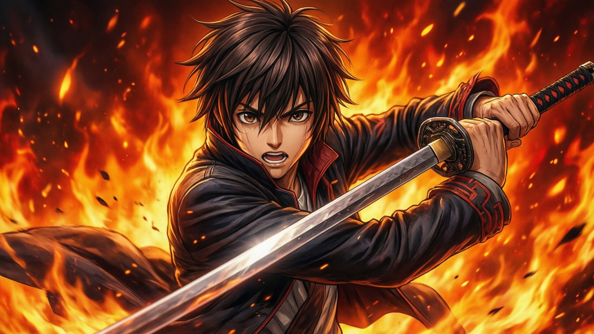Syaoran's Fiery Sword 壁紙 — 一個兇猛的動漫戰士，黑髮緊握武士刀，置身於咆哮的火焰和飛舞的火星之中。