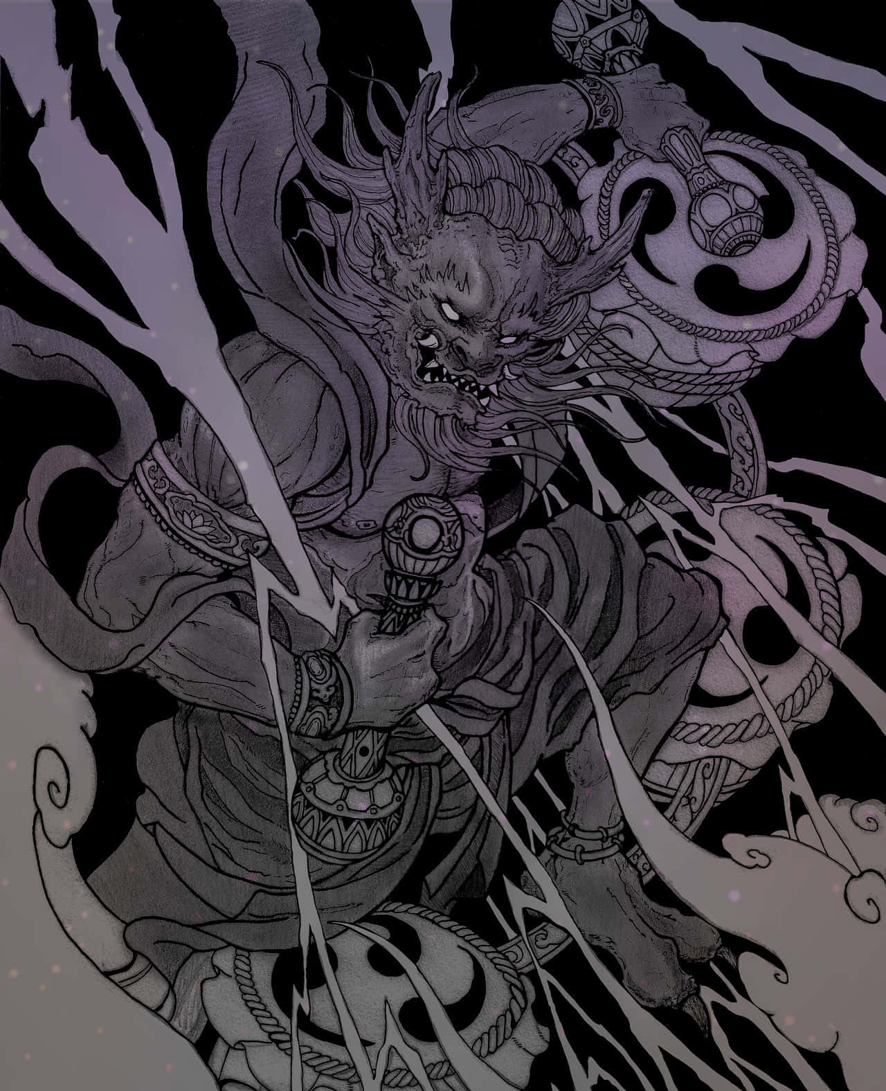  壁紙 — 一個兇猛的惡魔戰士，雙眼發光，身穿華麗盔甲，在旋轉的黑暗能量中揮舞著帶刺的武器。