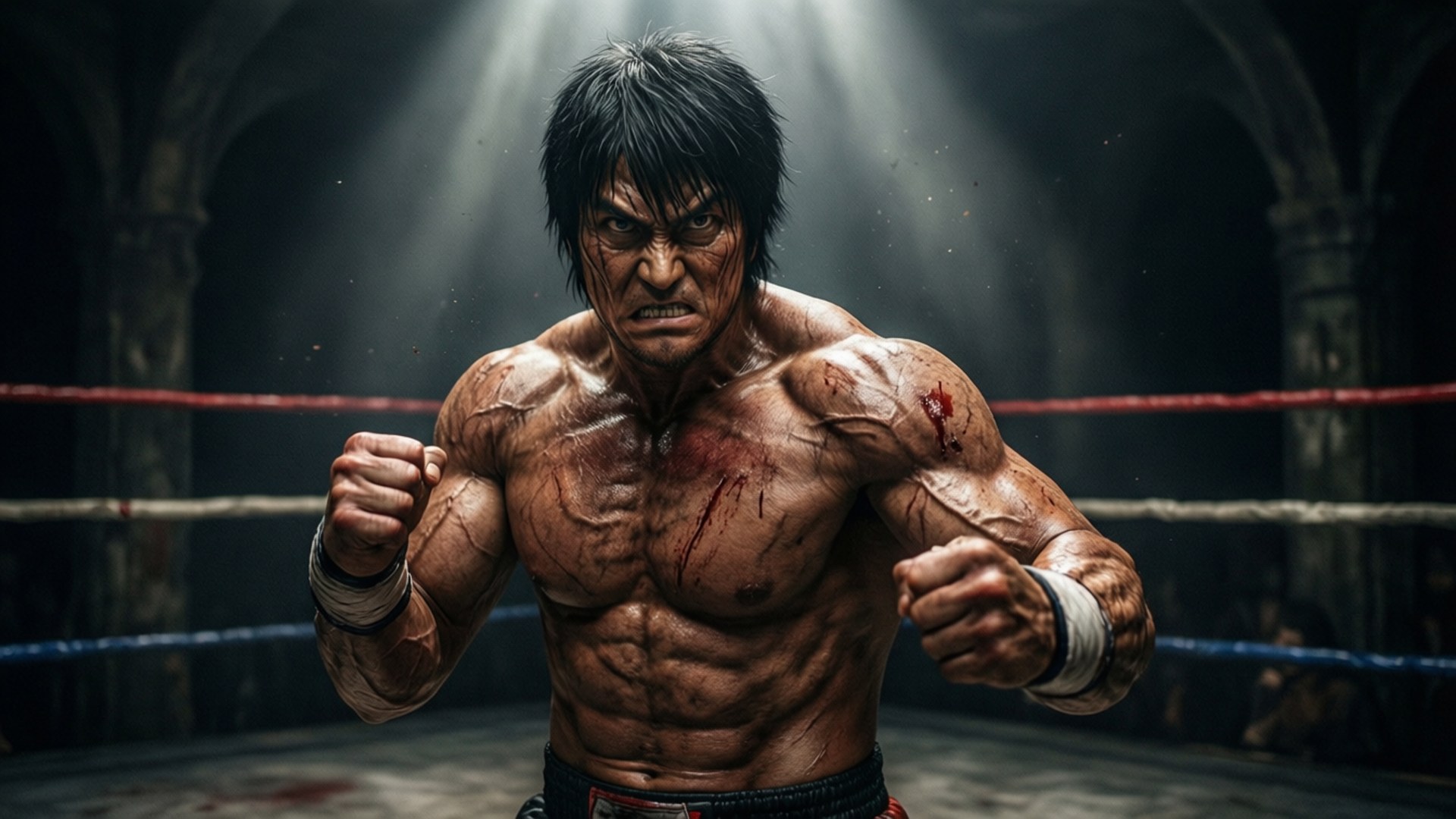 Kengan Ashura 桌布 壁紙 — 一個血跡斑斑的肌肉發達鬥士在骯髒的擂台上，於戲劇性的聚光燈下怒目凝視。