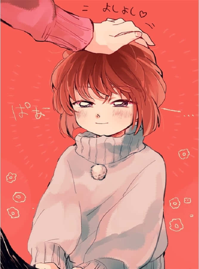 Haibara AI 桌布 壁紙 — 一個開心的動漫紅髮女孩微笑著，一隻手輕輕拍她的頭，背景是鮮紅色並有花卉塗鴉。
