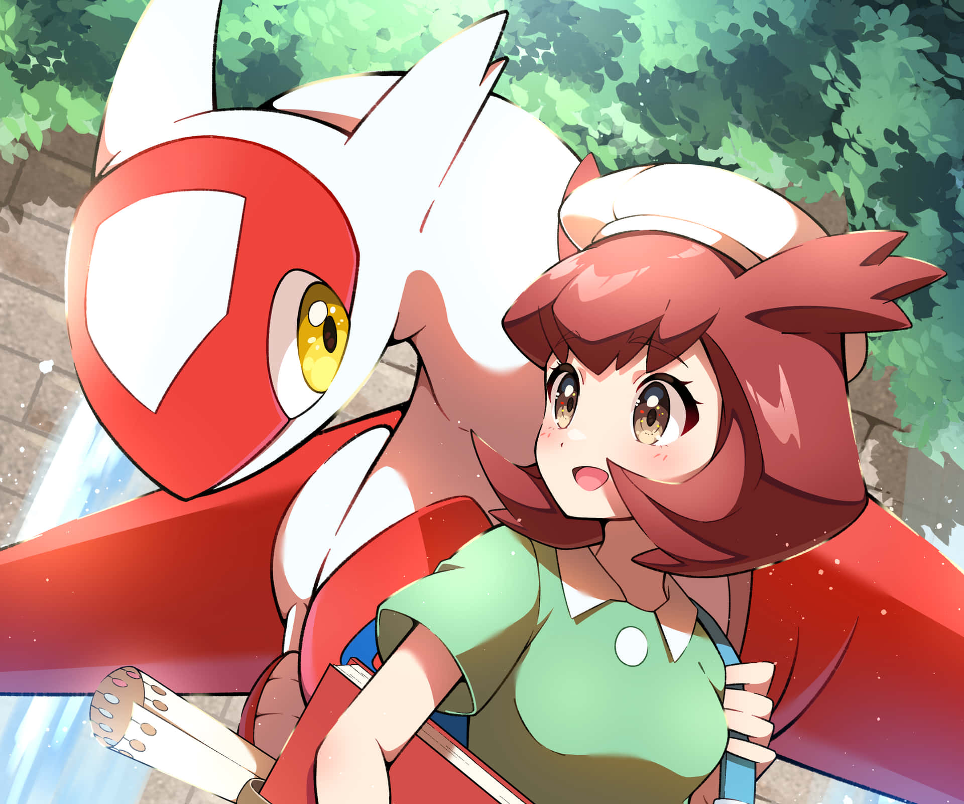 動畫女孩在森林環境中擁抱一隻紅白相間的寶可夢。 — Pokémon 手機 壁紙