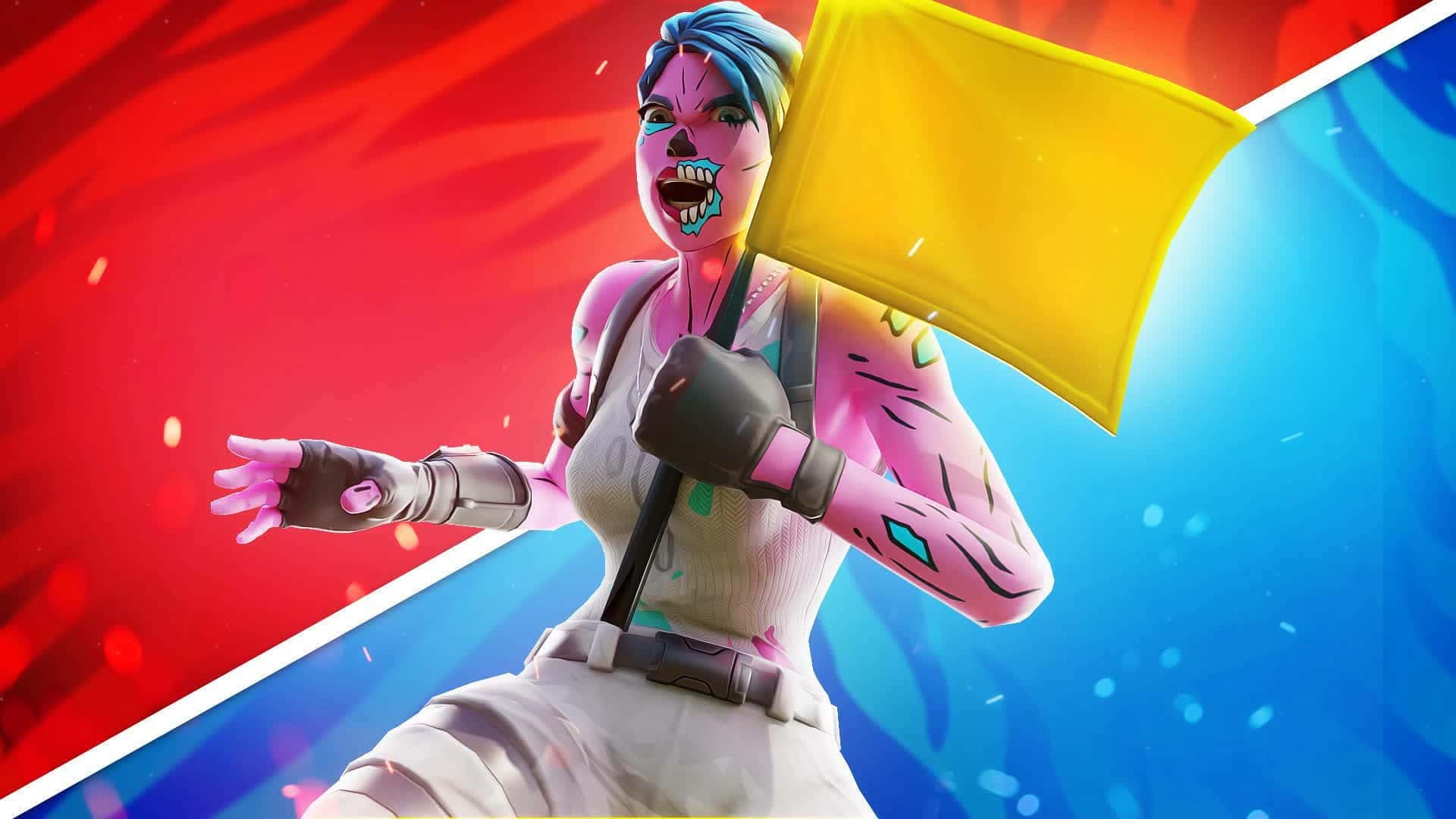  壁紙 — 一個兇猛的Fortnite角色，藍色頭髮和粉紅色臉部彩繪，在鮮豔的紅色和藍色背景中揮舞著黃色旗幟。