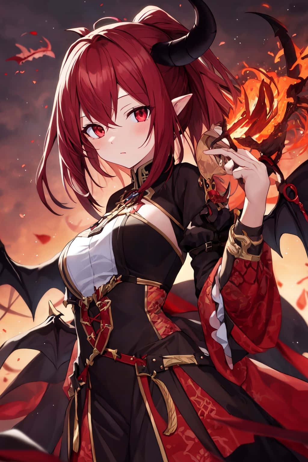  壁紙 — 一個火紅頭髮、有角和蝙蝠翅膀的動畫女惡魔，在熾熱的橙色天空下拿著一個面具。