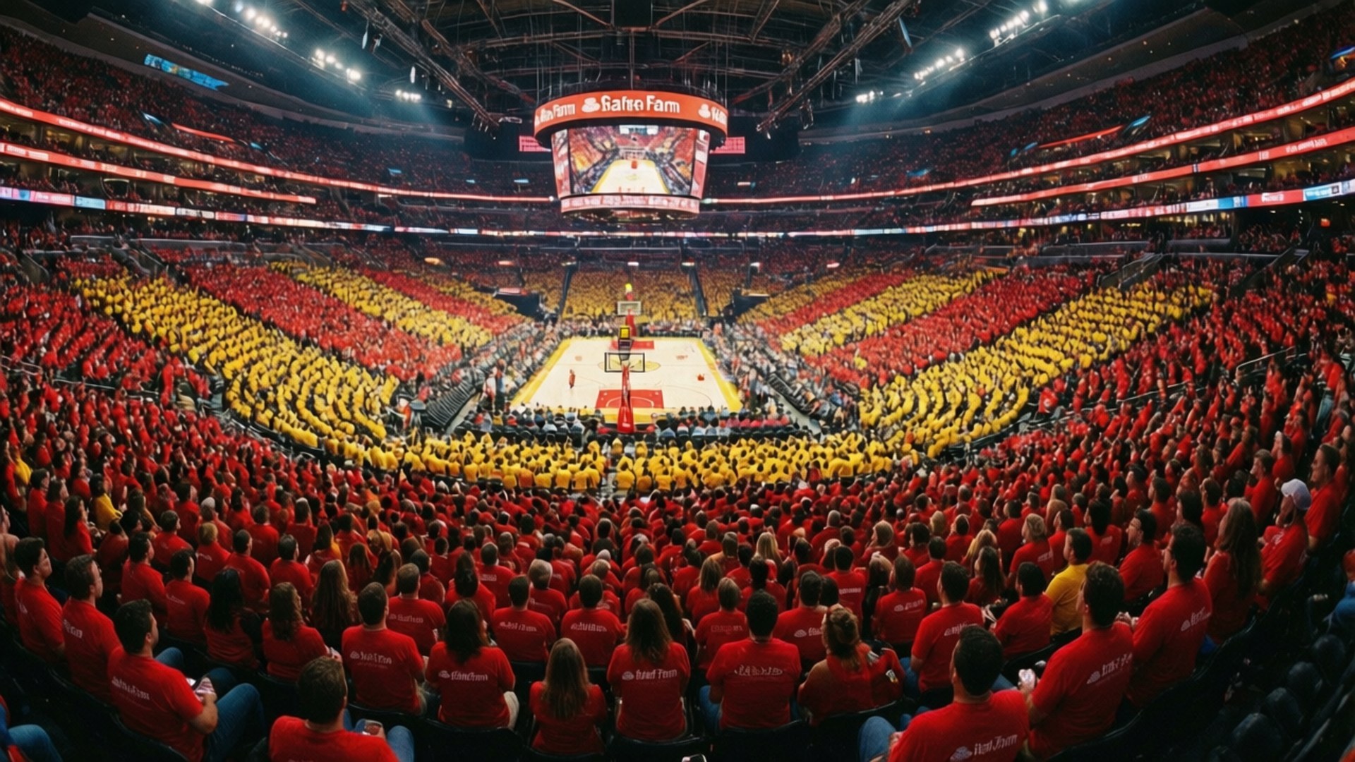 Packed Arena Crowd 壁紙 — 一個擠滿球迷的籃球場，球迷身穿紅色和黃色襯衫，在明亮的頭頂燈光下歡呼。