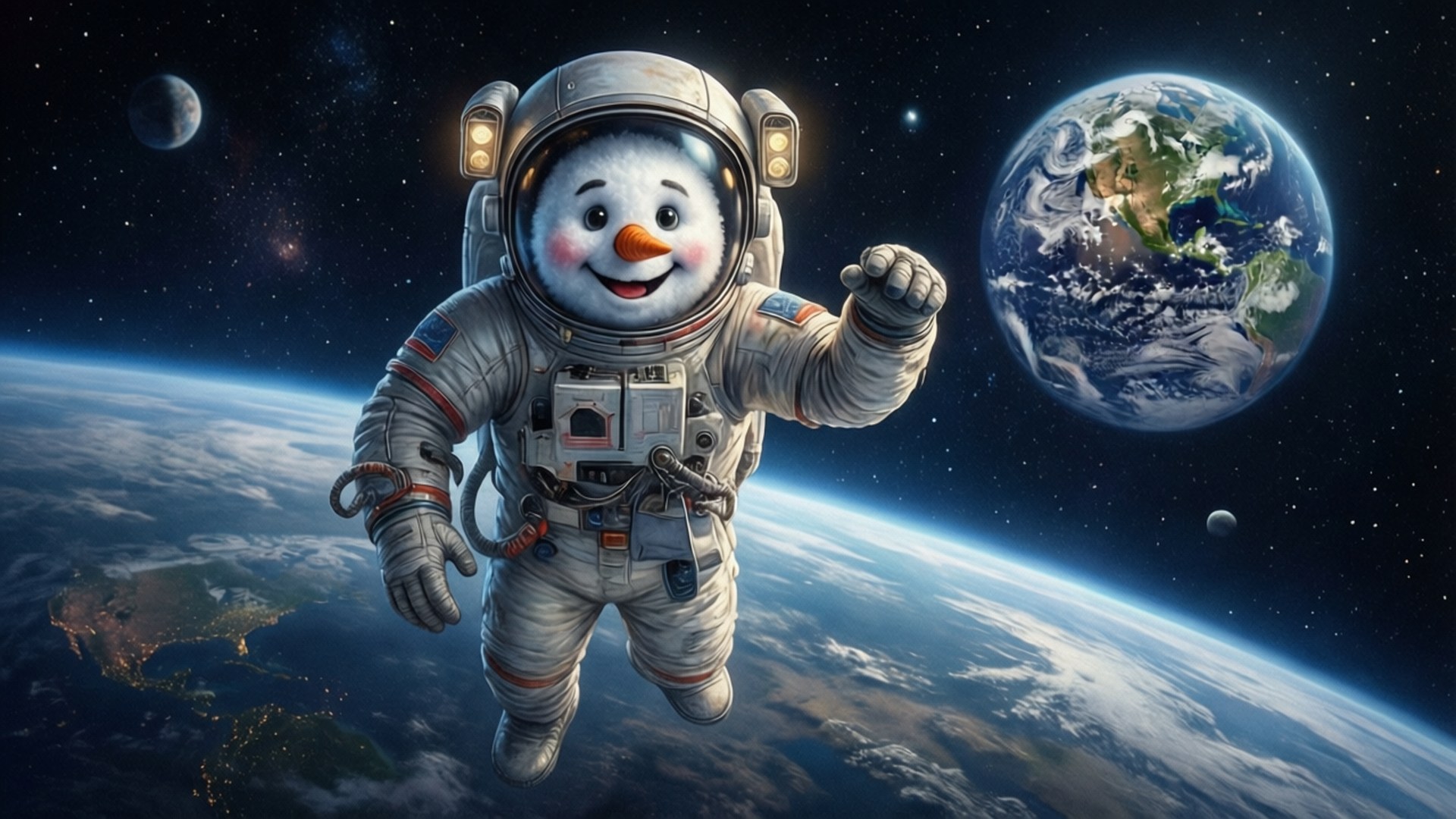 Astronaut Snowman Space 壁紙 — 一個開心的雪人太空人在太空漂浮，在一個充滿星星和遙遠月球的 vibrant 藍色地球旁邊揮手。