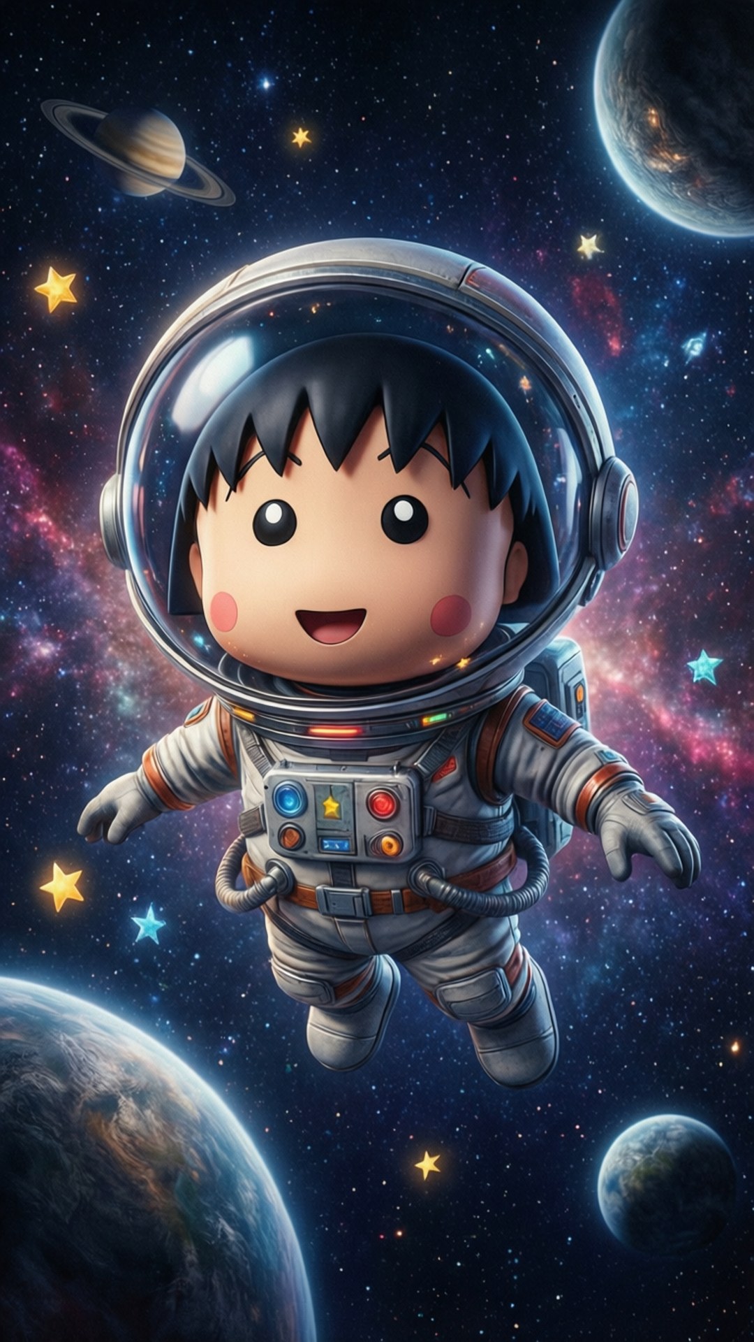 噗卡 桌布 壁紙 — 一個開心的Q版太空人在色彩繽紛的星雲和行星之間漂浮，構成充滿活力的宇宙場景。