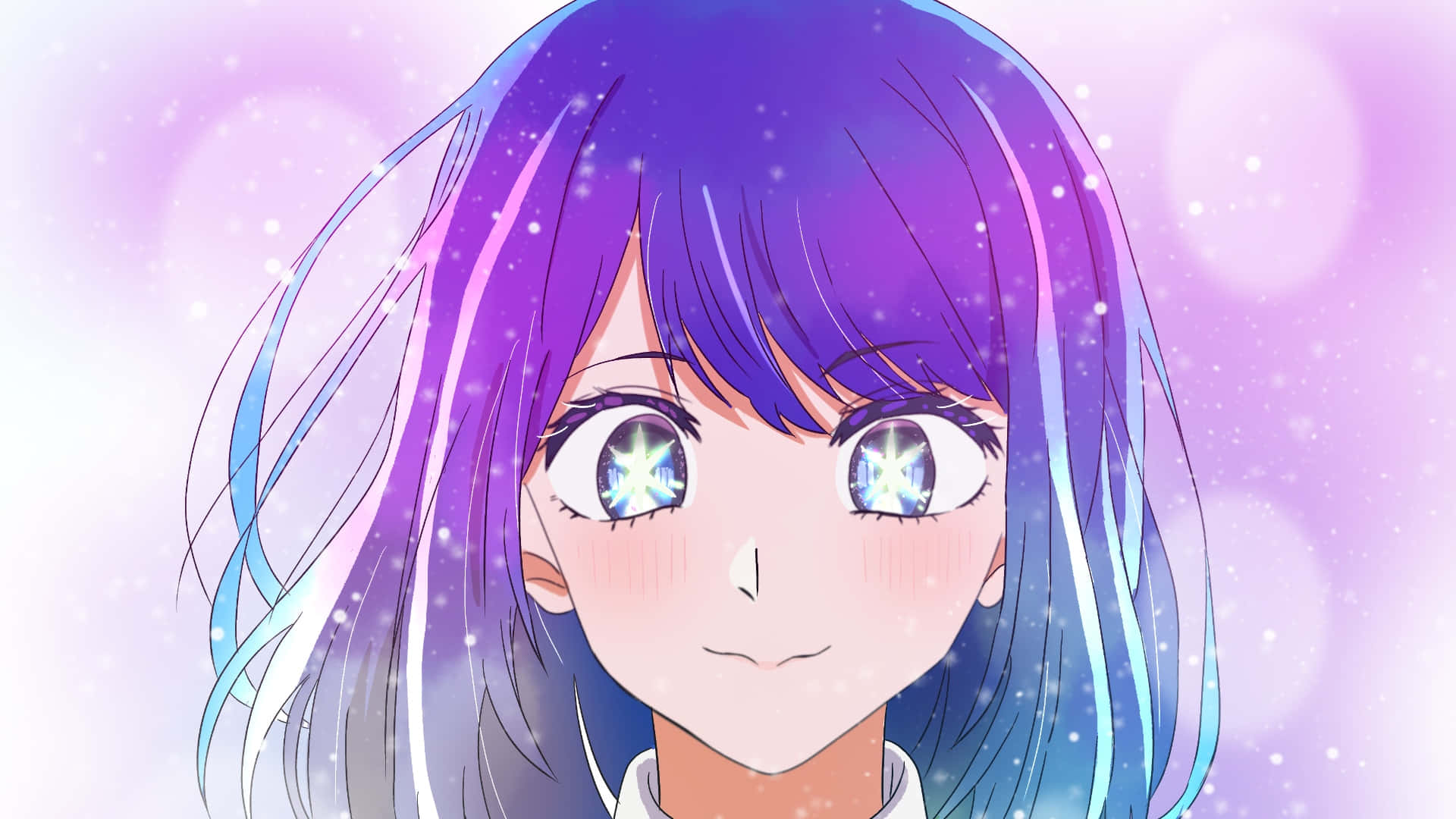  壁紙 — 一個開心的動畫女孩，擁有閃爍的星星眼和漸層紫藍色頭髮，在閃閃發光的粉彩背景前溫柔微笑。