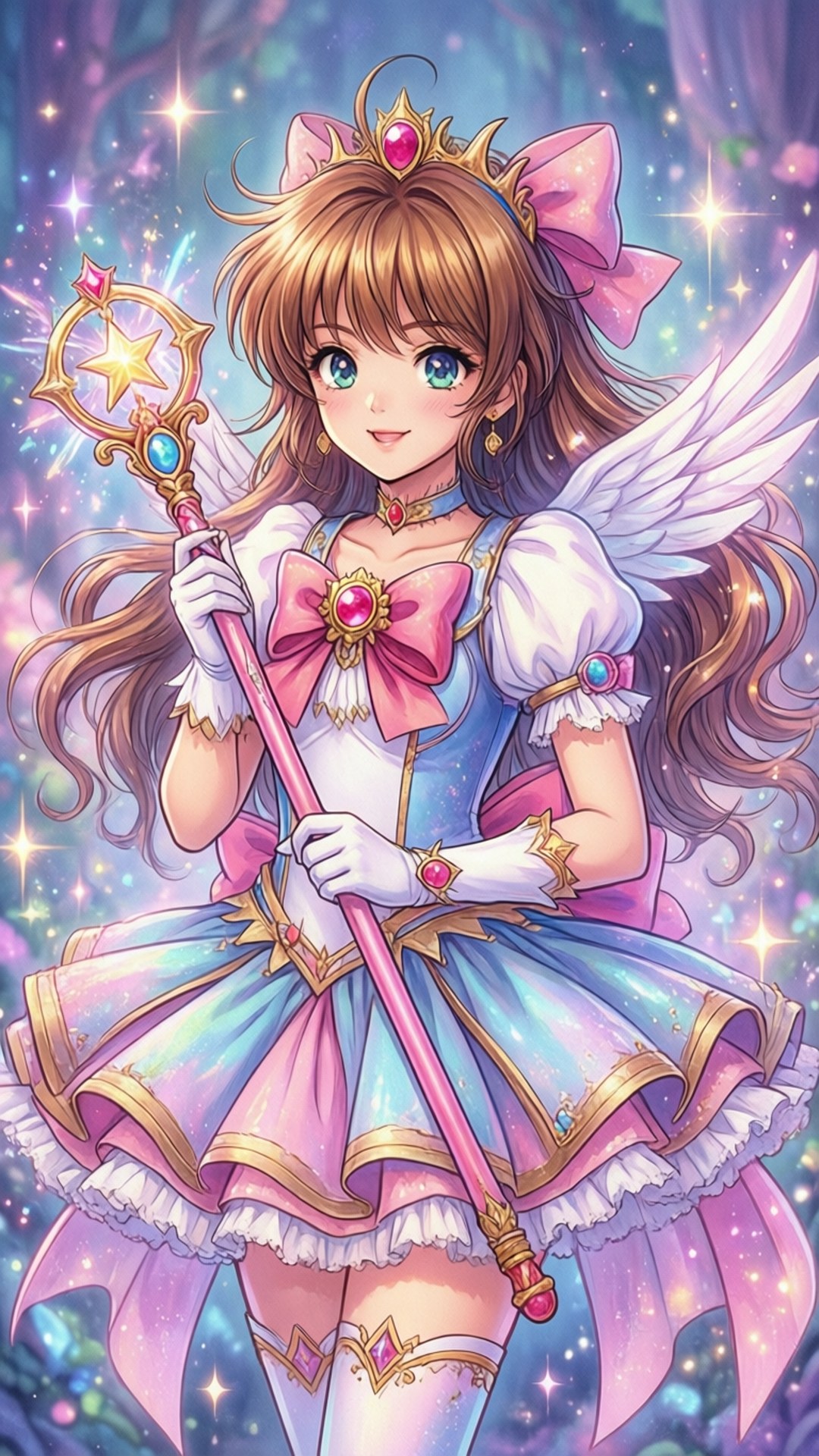 特別的 桌布 壁紙 — 一個開心的動漫女孩，長著天使翅膀，手持星星魔杖，站在黃昏時分閃閃發光的魔法森林中。