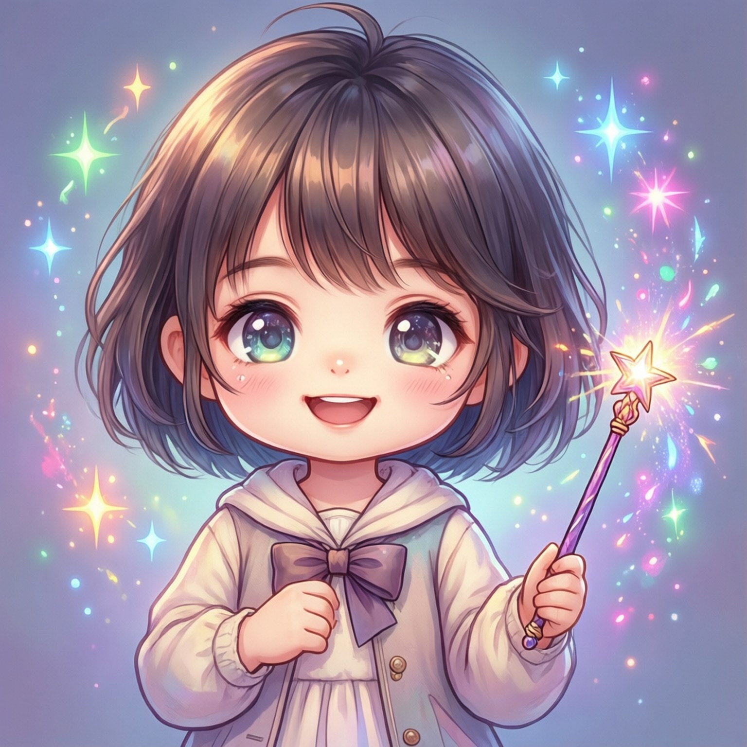Young Sylphiette 壁紙 — 一個開心的chibi女孩，有著大大的藍眼睛，在發光的粉彩背景前拿著閃閃發光的星星魔杖。