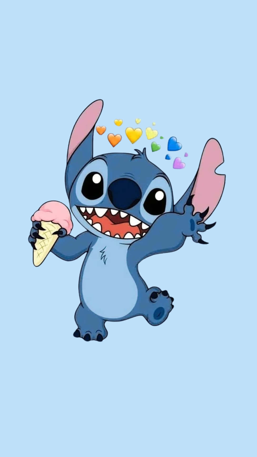  壁紙 — 一個快樂的藍色外星人正在開心吃粉紅色冰淇淋甜筒，彩色愛心漂浮在他的頭周圍。