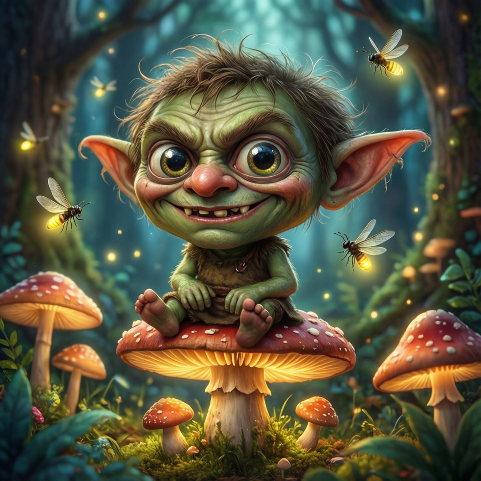 Goblin 桌布 壁紙 — 一個快樂的綠色哥布林，大眼睛，坐在發光的紅色蘑菇上，在一個由螢火蟲和蜜蜂照亮的奇幻森林中。