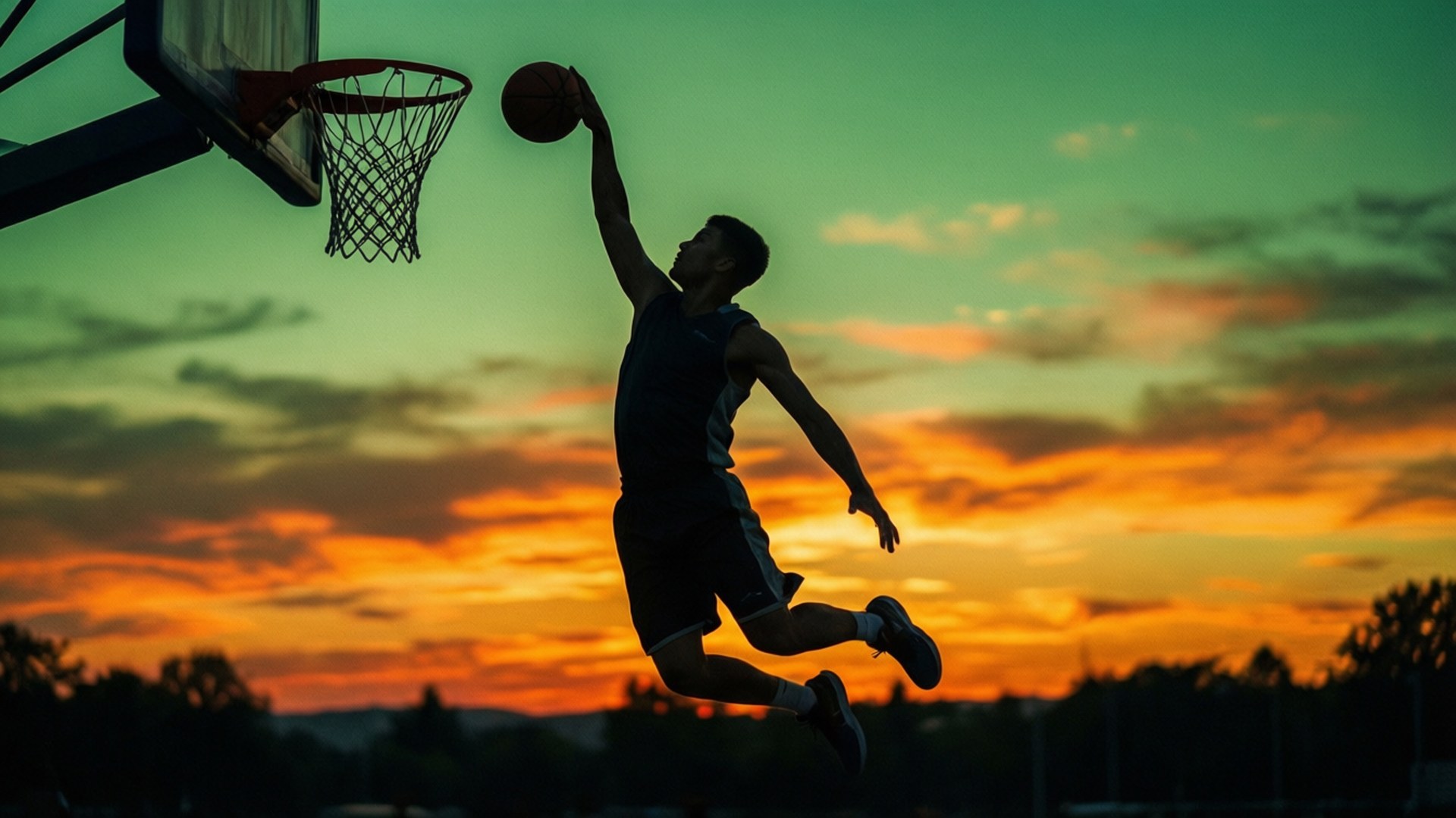 Basketball Sunset Silhouette 壁紙 — 一個籃球運動員在鮮豔的日落背景下剪影，將球扣入籃框。