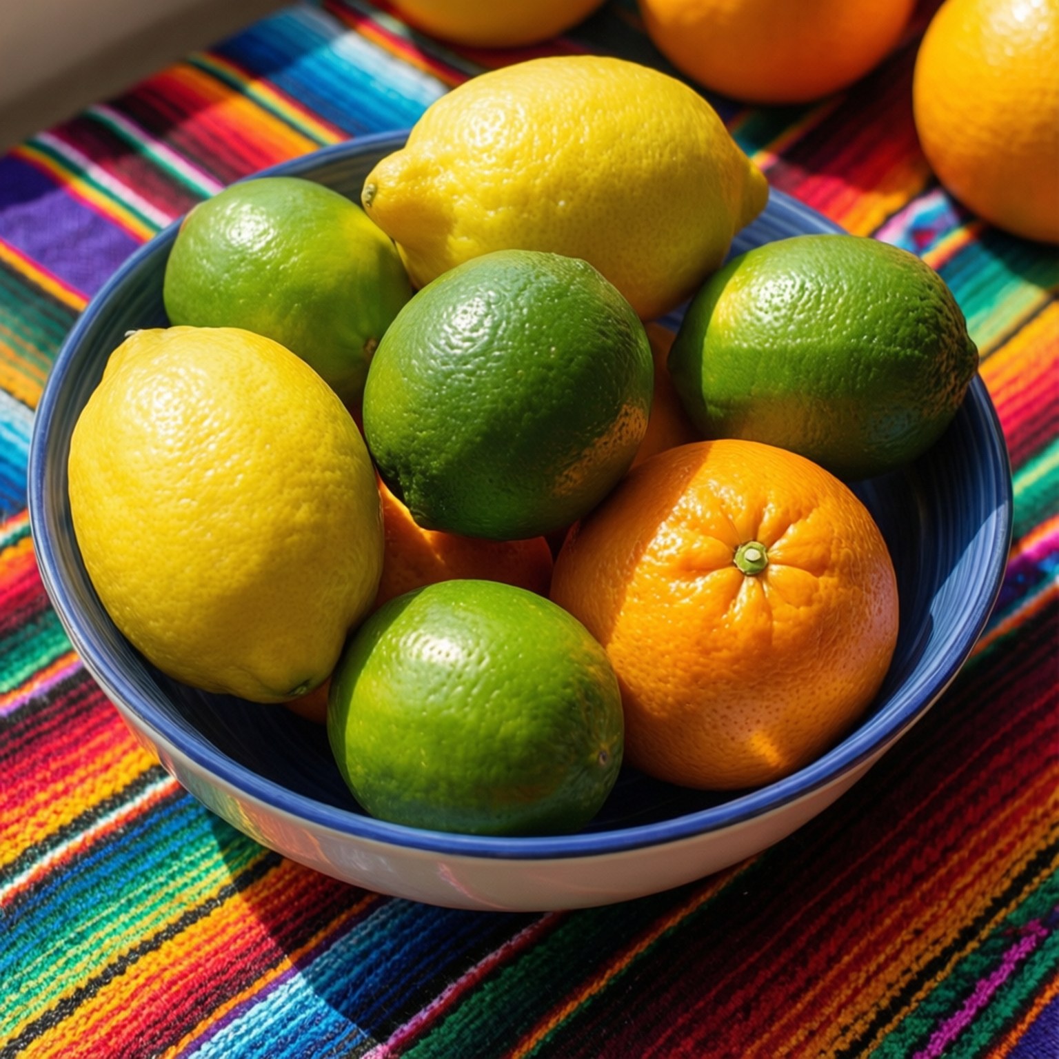 Citrus Bowl on Textile 壁紙 — 一個藍色碗裝滿檸檬、萊姆和柳橙，放在鮮豔多彩的條紋紡織品上，在明亮的陽光下。